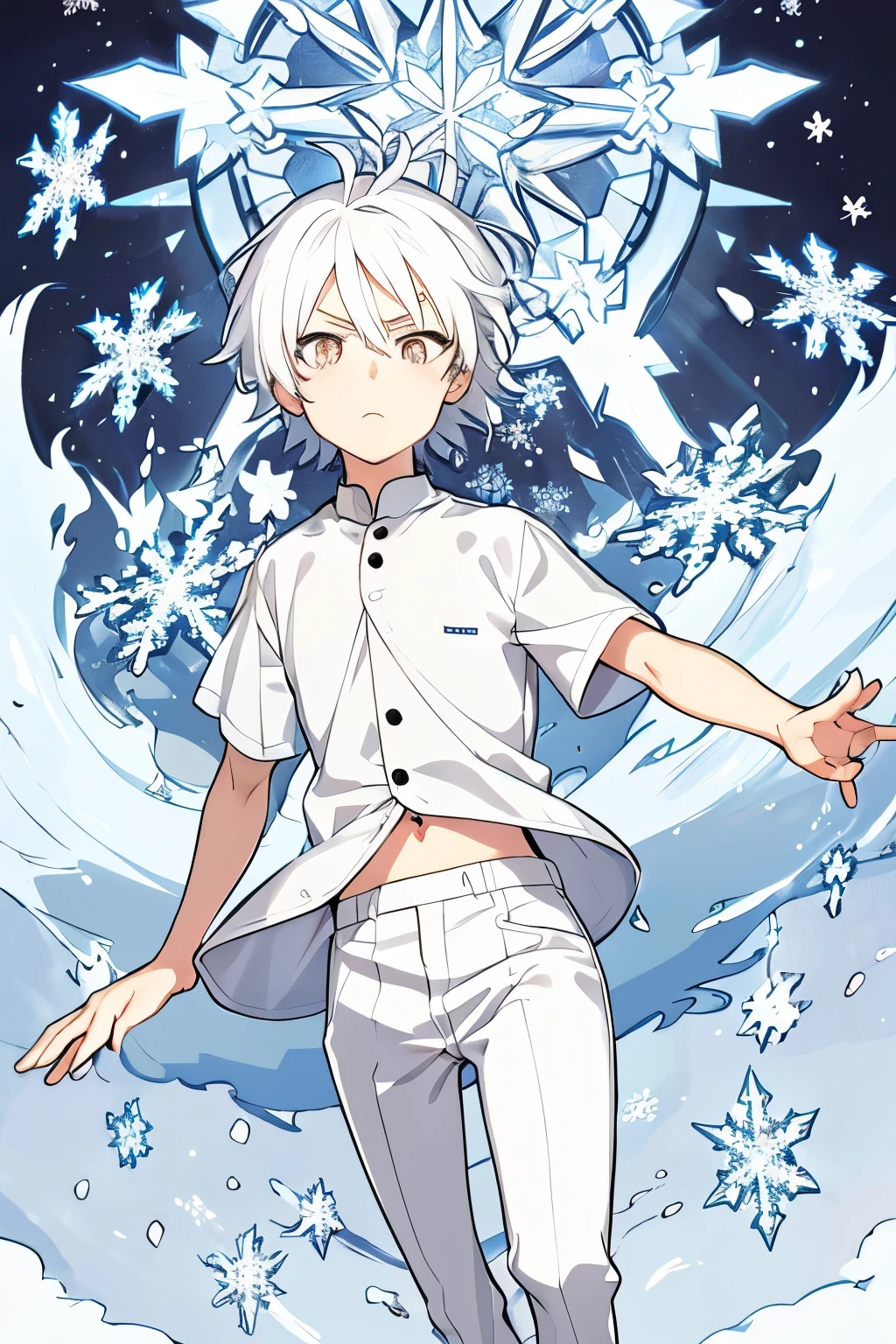 Japanese anime，15 year old boy，cold expression，Godless，white hair，short hair，white eyebrows，White eyelashes，White Eyes Diamond Pupils White Short Sleeve Shirt，Buttoned white pants，There is a bandage on the right leg of cropped trousers, and snowflakes and ice crystals are suspended on the right hand.