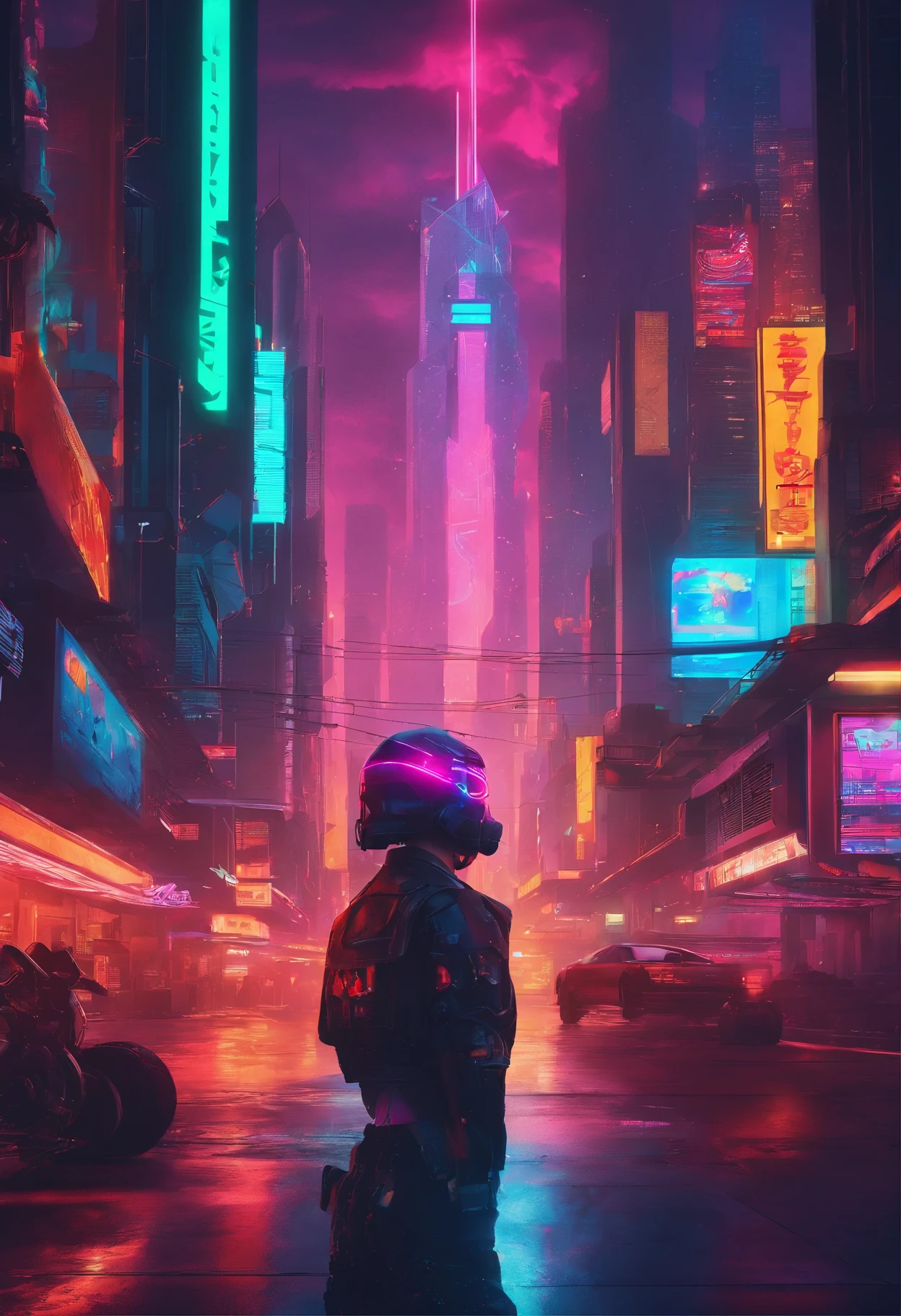 Embark on an electrifying journey into the world of 'Cyberpunk 2077' with this singular artwork, a minimalist two-tone interpretation. With flat shading and an absence of depth, it distills the essence of this cybernetic realm. Colors collide in a symphony of digital vibrancy, invoking the futuristic spirit of Night City. Immerse yourself in the neon allure of the cyberpunk genre in this captivating composition.