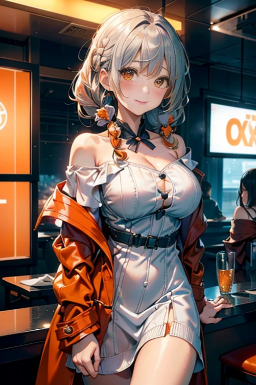 (3D Animation:1.3),(Make the subject look three-dimensional with the contrast of light and shadow),(Snowy mountains in winter),cute and beautiful adult woman,Cute round face,Cute smile,with blush cheeks,Red Lip,(((Orange Open Short Duffle Coat:1.3))),(((Off-white off-shoulder knit dress:1.3))),(silver white hair,Floral braided headband,half up、Floral Braided Space Van,Voluminous Fishtail Braids,Twisted chignon,),(Bangs are see-through bangs),hair pin,hair adornments,(((Emphasize large breasts:1.3))),breast slip,detailed clothes features,Detailed hair features,detailed facial features,(Dynamic angles),(Dynamic and sexy poses),profetional lighting,Cinematic Light,(masutepiece,top-quality,Ultra-high resolution output image,) ,(The 8k quality,depth of fields,Anatomically accurate facial structure,),(Sea Art 2 Mode:1.3),(Image Mode Ultra HD,)