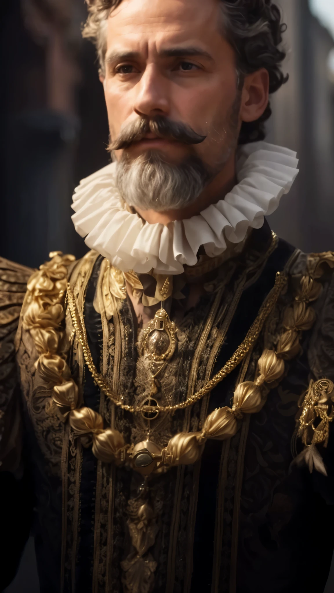 The man in the image has a beard and mustache and is wearing a ruffled collar. He is dressed in an elaborate gold and black outfit with gold chains and a braid.