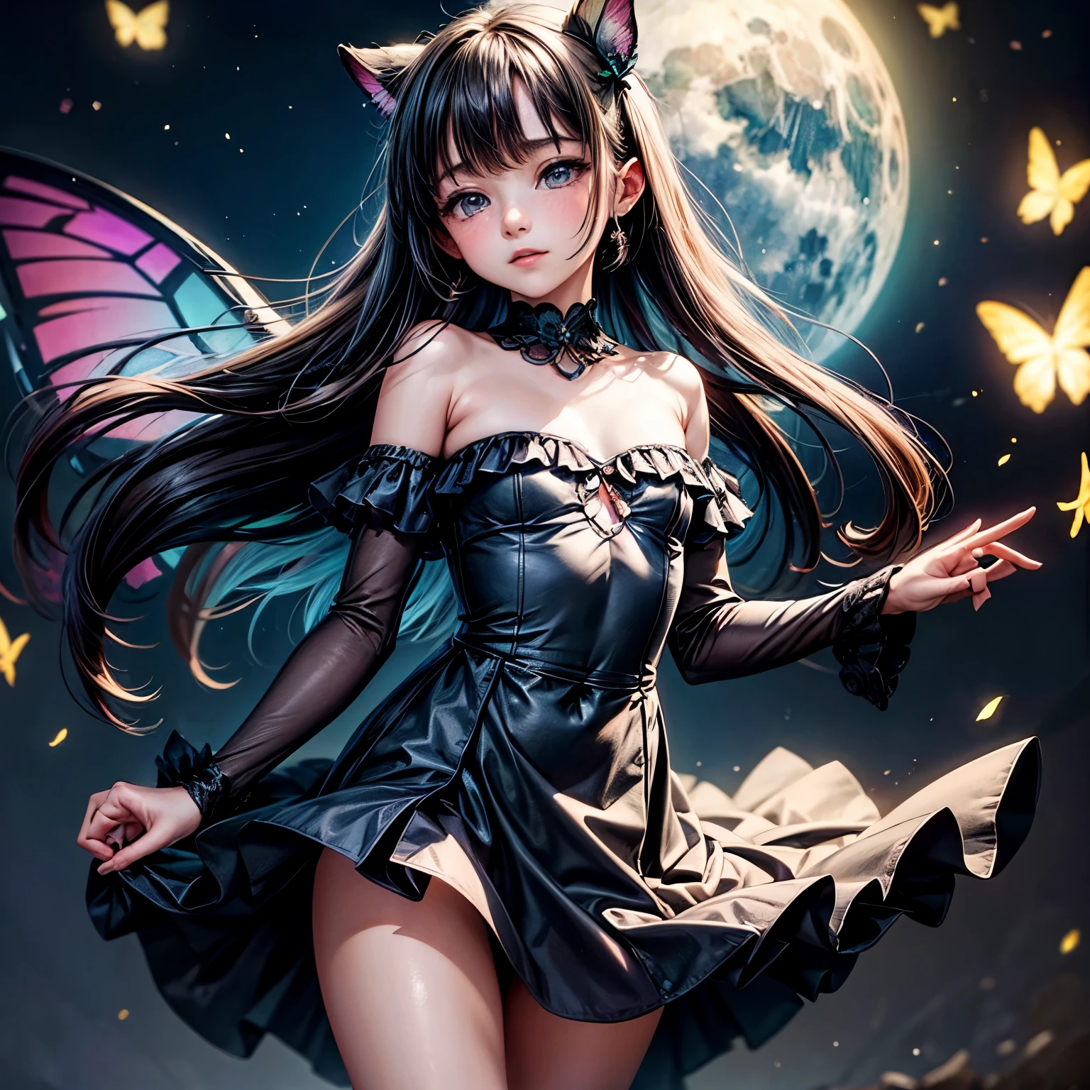 masterpiece, highest quality, 8k, highres, beautiful highest details, moon light, butterfly spirit, sheer dress, off shoulder, strapless, tears, rainbow butterfly wings, flying sky,