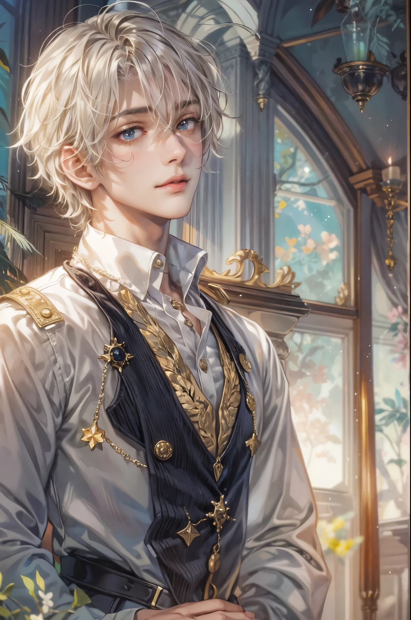 ((Best quality)), ((masterpiece)), (detailed), ((perfect face)), ((halfbody)) a character from grimms fairy tales in male version, handsome boy with an anime eyes in a detailed scene base on the character in their own story