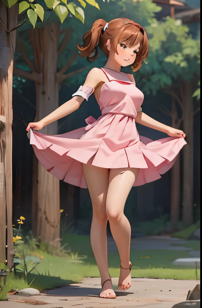 A Female robot is sleeping in forest, spread legs, nude, banzai pose. she wears no dress. She Brown short hair is tied with two big red clothespins, She lifts up the under hem of her white plain dress, leaning over, masterpiece, very short pigtails,brown hair, mature, android, blue eyes, full body figure, Height: 160cm, flushed cheeks, 2020s anime picture, A beautiful robot with short brown hair in two short pigtails held up by two very large huge red clothespins, Uplifting, No NSFW, whole body, barefoot, archaic smile, getting orgasm, 25 years old, sweat bucket, in Obstetrics.