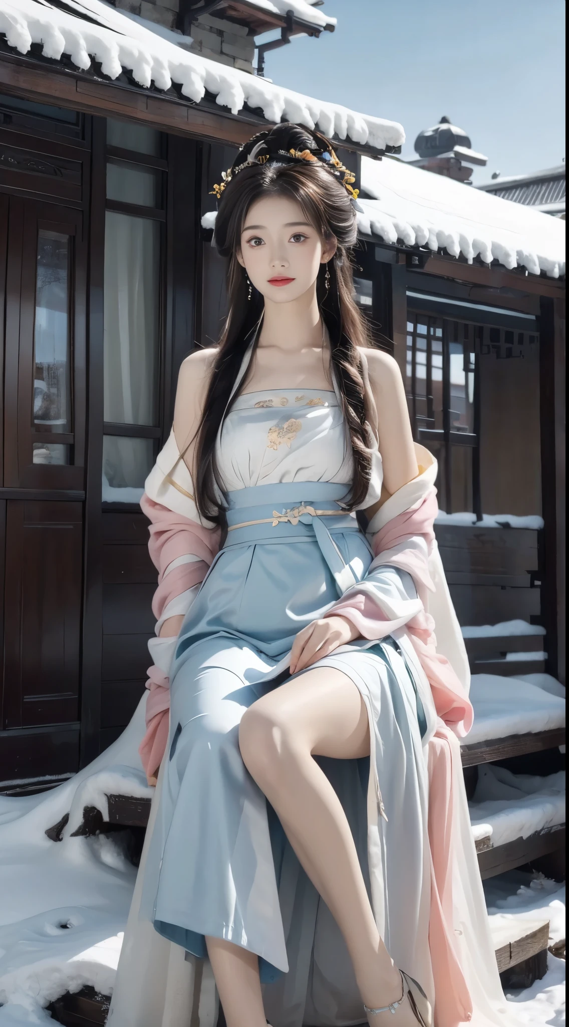 hanfu-song, hanfu, song theme, bandeau, tube top, ((knee shot))，（8k， original photo， best quality， masterpiece：1.2），（realistic， Shoot real：1.4)，hide your face from sadness，Alice Gainsborough， bare shoulders，The skirt is short, Very short skirt, Nice slender legs, long legs, external， (external，covered with snow) high quality， Adobe lighthouse， High detail skin， looking at the audience，