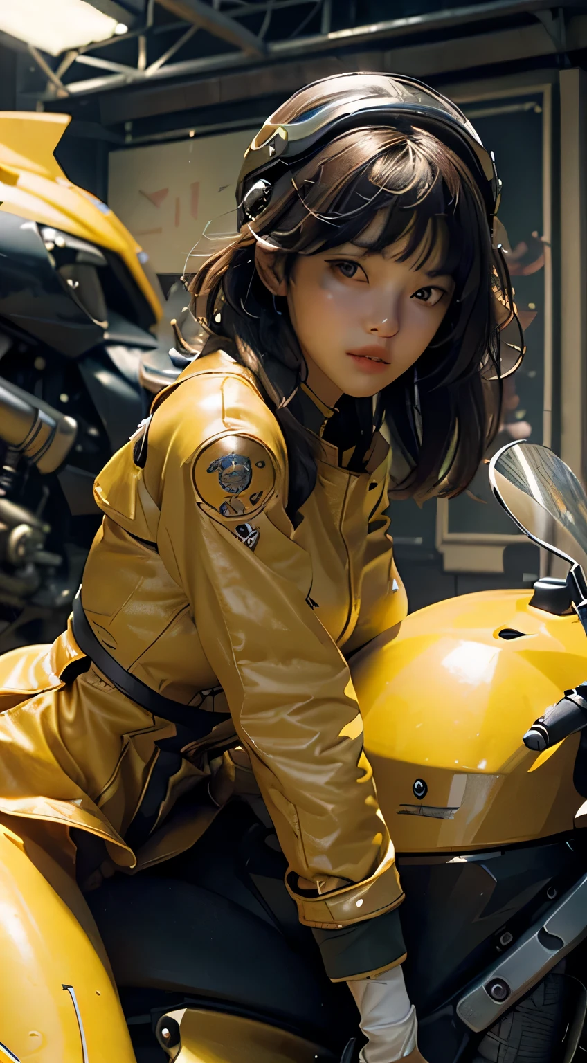 ((best quality)), ((masterpiece)), (detail: 1.4), ultra high resolution, (authenticity: 1.4), Best Illustration, Favor details, 1girl has strong cohesion, Have a delicate and beautiful face, Wearing yellow mecha, Wearing a mecha helmet, Hold the direction controller, riding a motorcycle, The background is a high-tech light scene of a futuristic city.