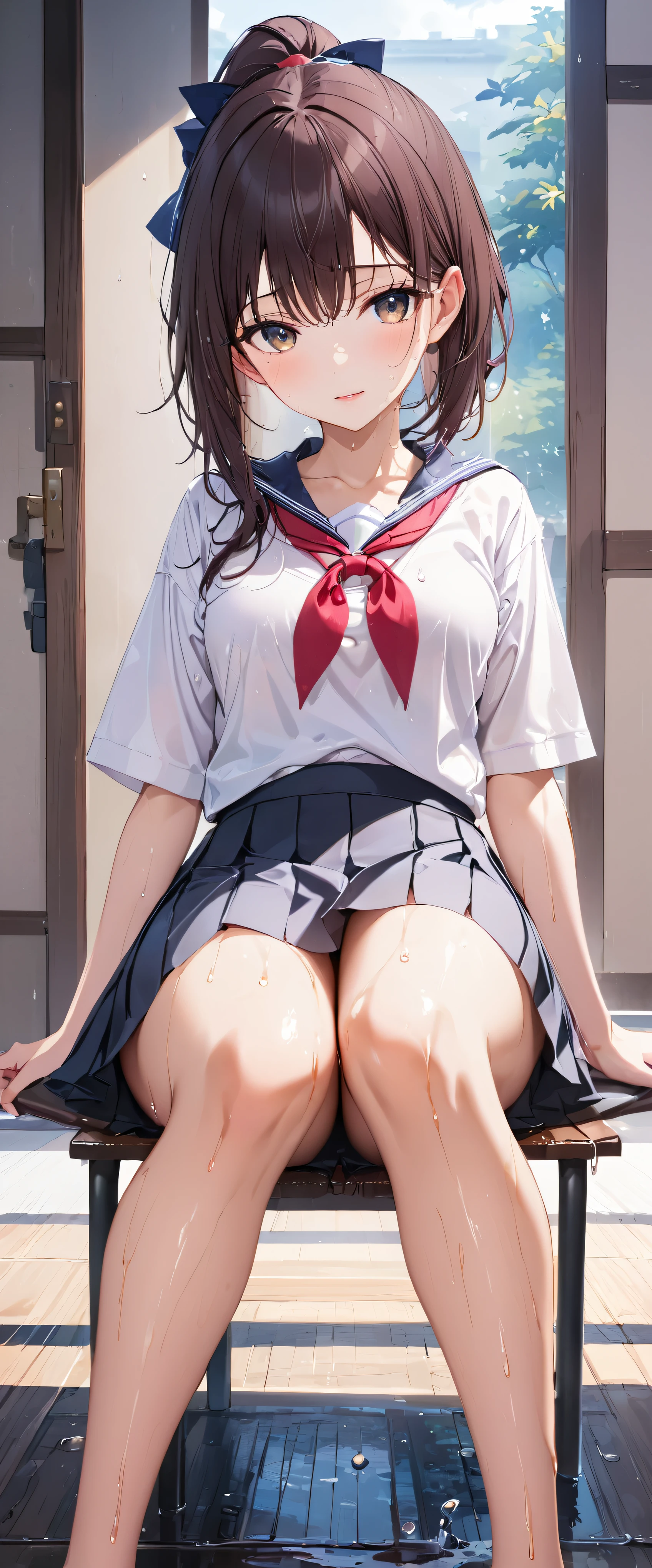 (masterpiece,highest quality,超A high resolution),japanese woman, (((Very beautiful 25 year old girl))), pretty girl、look at the photographer、 ((beautiful low ponytail)), super cute face, glossy lips, double eyelids in both eyes,natural smile、 natural makeup, long eyelashes, shiny smooth hair、center image, perfect limbs, perfect anatomy,(((Tight Skirt)))、(((sit with legs wide apart)),wet with sweat,