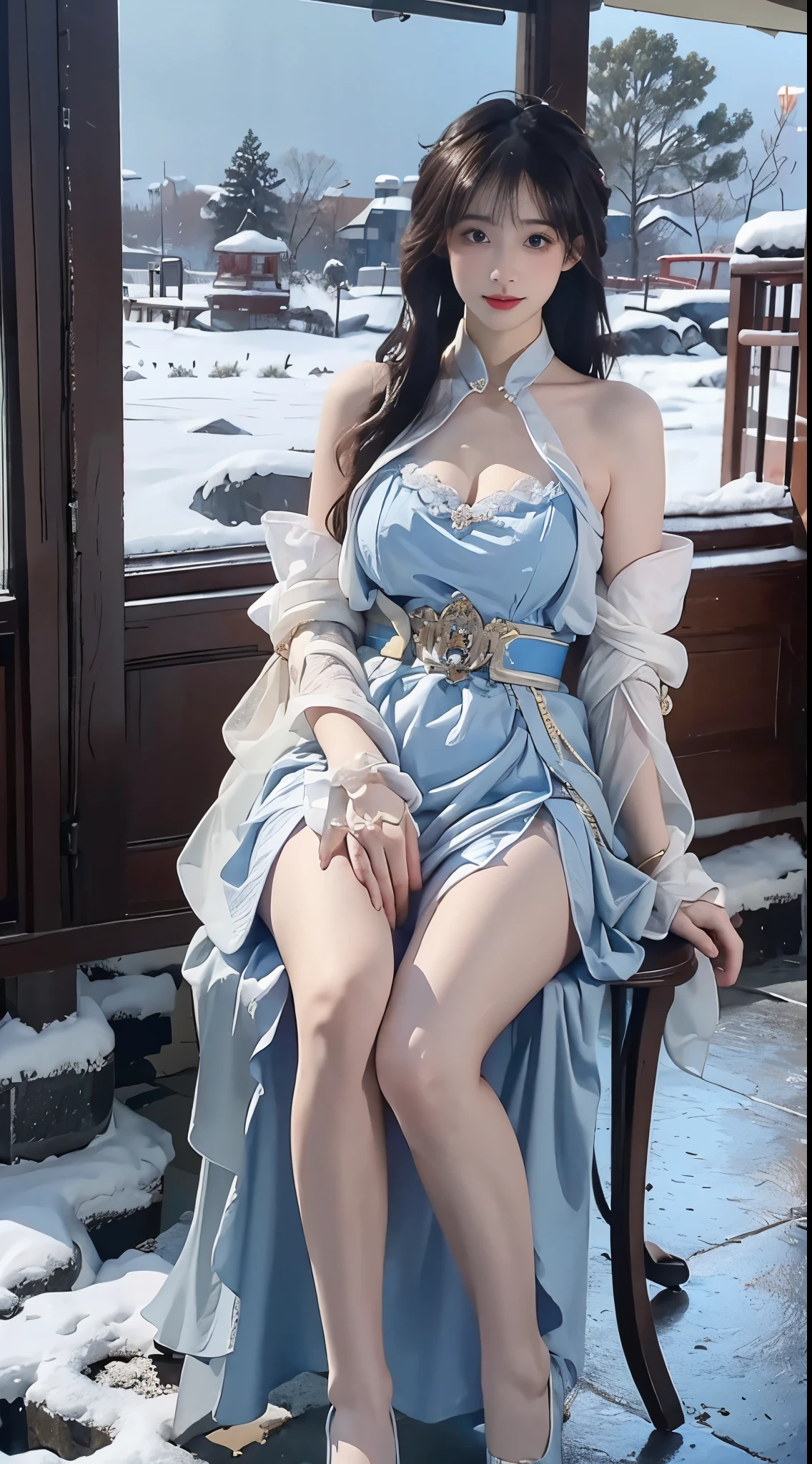yinziping,china dress, ((knee shot))，((plump breasts, cleavage)),（8k， original photo， best quality， masterpiece：1.2，（realistic， Shoot real：1.4)，hide your face from sadness，Alice Gainsborough， bare shoulders，The skirt is short, Very short skirt, Nice slender legs, external， (external，covered with snow) high quality， Adobe lighthouse， High detail skin， looking at the audience，