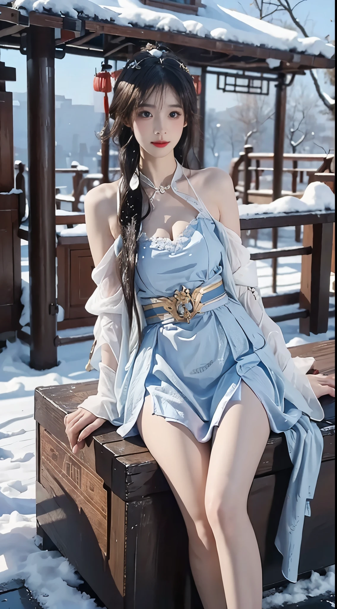 yinziping,china dress, ((knee shot))，((plump breasts, cleavage)),（8k， original photo， best quality， masterpiece：1.2，（realistic， Shoot real：1.4)，hide your face from sadness，Alice Gainsborough， bare shoulders，The skirt is short, Very short skirt, Nice slender legs, external， (external，covered with snow) high quality， Adobe lighthouse， High detail skin， looking at the audience，