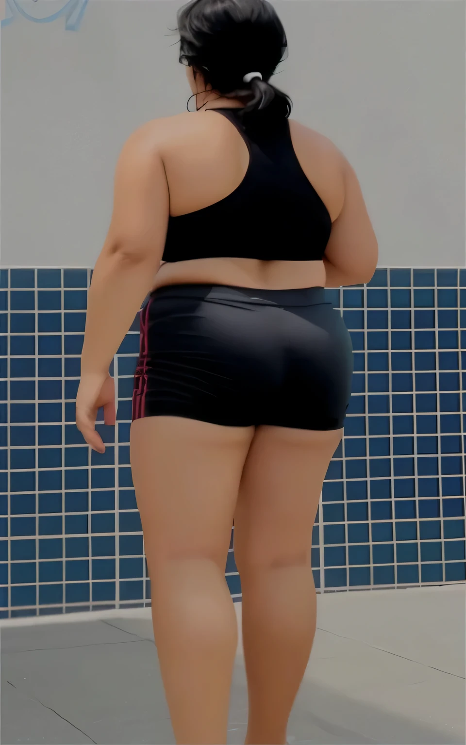 mulher de short preto e blusa preta jogando basquete, shot from behind, long distance shot from behind, Dunk, chute de perna e quadril, chute traseiro centrado no corpo inteiro, chute de quadril e perna, long distance shot from behind, costas arqueadas, Relaxar, sports bra and black shorts, regata e short preto justo, back and standing. adequado. foto de corpo inteiro, foto clara, alta qualidade, high resolution, obra de arte, 8k. blusa preta justa e shorts