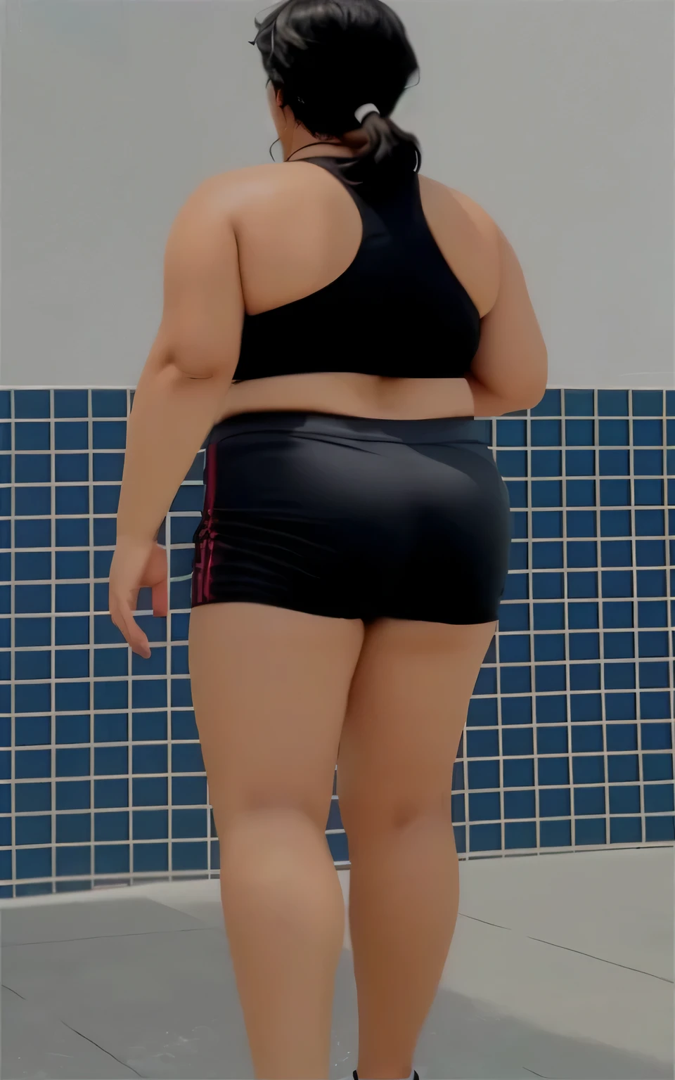mulher de short preto e blusa preta jogando basquete, shot from behind, long distance shot from behind, Dunk, chute de perna e quadril, chute traseiro centrado no corpo inteiro, chute de quadril e perna, long distance shot from behind, costas arqueadas, Relaxar, sports bra and black shorts, regata e short preto justo, back and standing. adequado. foto de corpo inteiro, foto clara, alta qualidade, high resolution, obra de arte, 8k. blusa preta justa e shorts