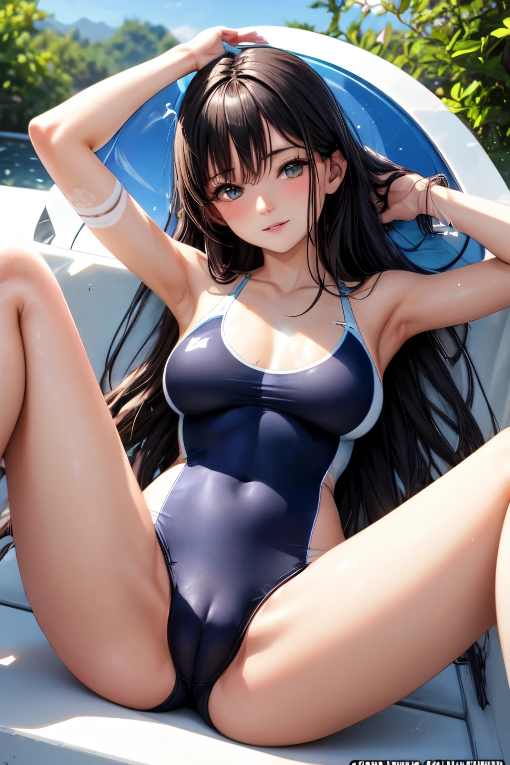 ((best quality)), (detailed), visage parfait, long hair, black hair, corp parfait, corp entier, maillot de bain de compétition, spread legs, vue de face,