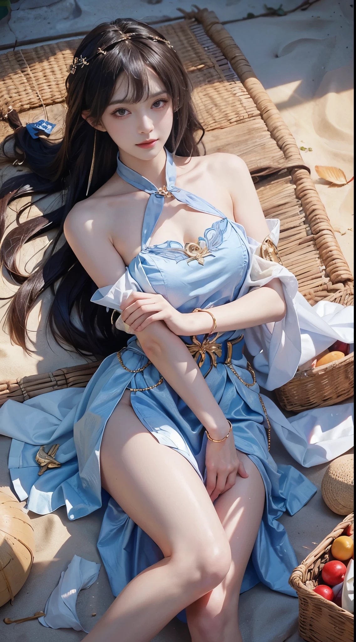 (masterpiece, best quality:1.2), 1girl, solo, ((bare shoulders)), (actual:1.37), ((lying on a beach)), ((Bird&#39;s eye view shot)), Sweet maiden, beautiful妆容, Exquisite makeup, Extremely beautiful eyes, long hair, curls, slim body, big breasts, cleavage, Sexy slender legs, The skirt is short, Leaking sexy legs, elegant posture, best quality, correct, correct的手, correct的腿, 解剖学correct, official art, complex, detail的脸, detail, lifelike, Very detailed, amazing, beautiful, Young and energetic, Charming model, Meticulous CG Uniform 8k wallpaper