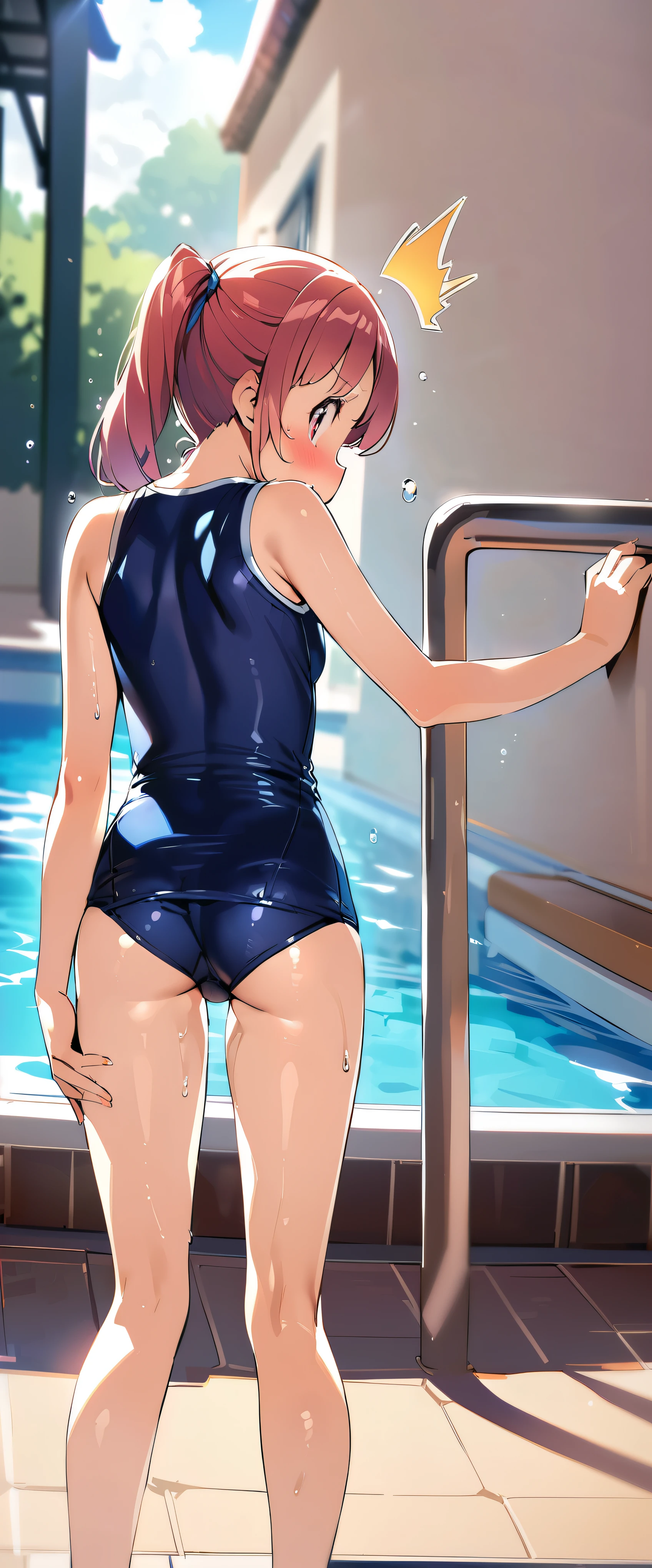 woman,,pool,noon,(((navy blue school swimsuit))),blush、surprised face,,((look back))(wet state)Reflecting the buttocks,