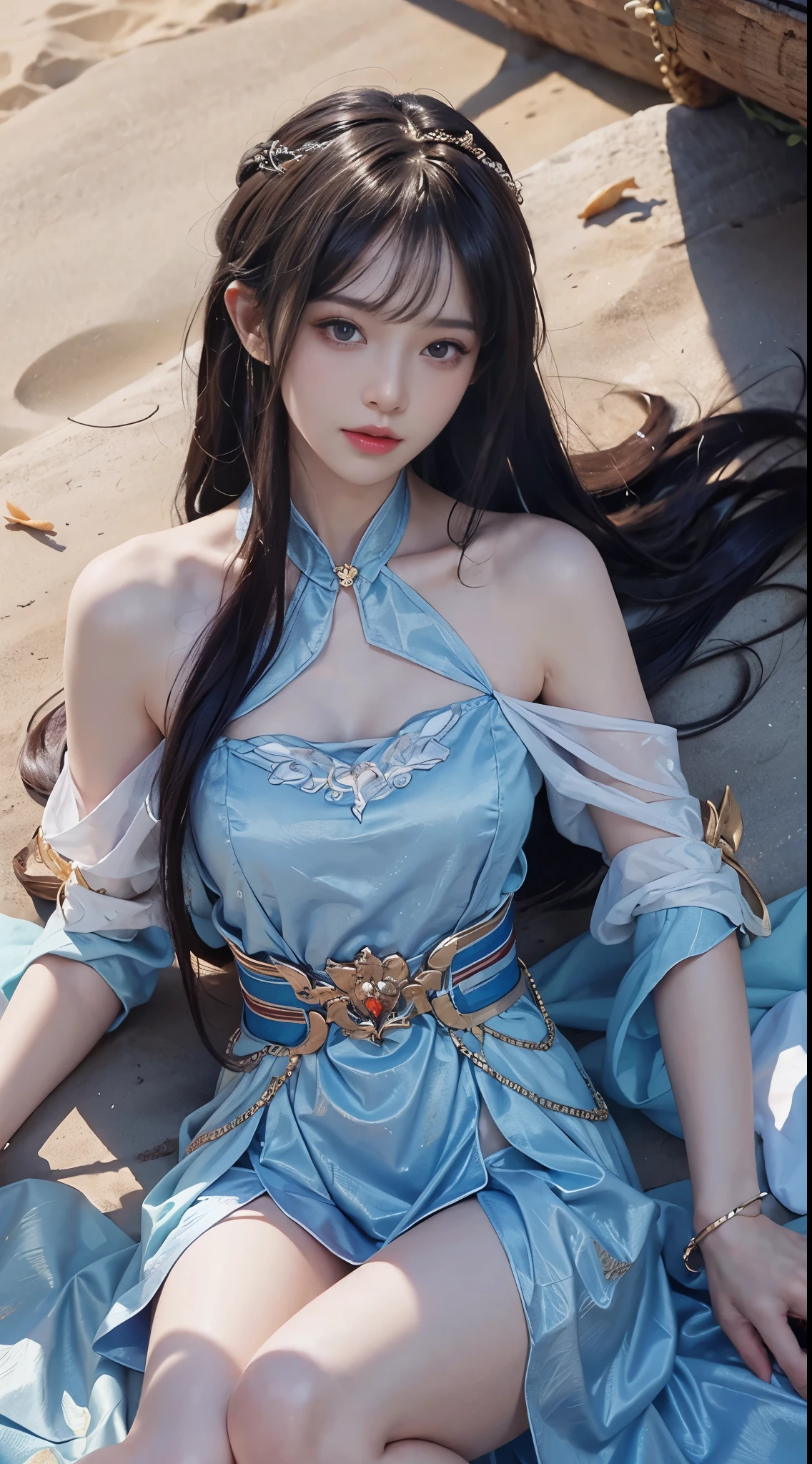 (masterpiece, best quality:1.2), 1girl, solo, ((bare shoulders)), (actual:1.37), ((lying on a beach)), ((Bird&#39;s eye view shot)), Sweet maiden, beautiful妆容, Exquisite makeup, Extremely beautiful eyes, long hair, curls, slim body, big breasts, cleavage, Sexy slender legs, The skirt is short, Leaking sexy legs, elegant posture, best quality, correct, correct的手, correct的腿, 解剖学correct, official art, complex, detail的脸, detail, lifelike, Very detailed, amazing, beautiful, Young and energetic, Charming model, Meticulous CG Uniform 8k wallpaper