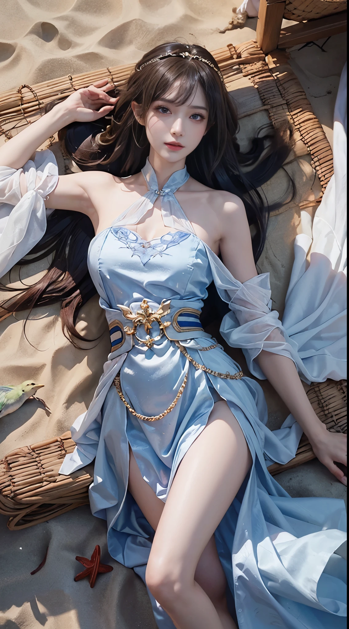 (masterpiece, best quality:1.2), 1girl, solo, ((bare shoulders)), (actual:1.37), ((lying on a beach)), ((Bird's eye view shot)), Sweet maiden, beautiful妆容, Exquisite makeup, Extremely beautiful eyes, long hair, curls, slim body, big breasts, cleavage, Sexy slender legs, The skirt is short, Leaking sexy legs, elegant posture, best quality, correct, correct的手, correct的腿, 解剖学correct, official art, complex, detail的脸, detail, lifelike, Very detailed, amazing, beautiful, Young and energetic, Charming model, Meticulous CG Uniform 8k wallpaper