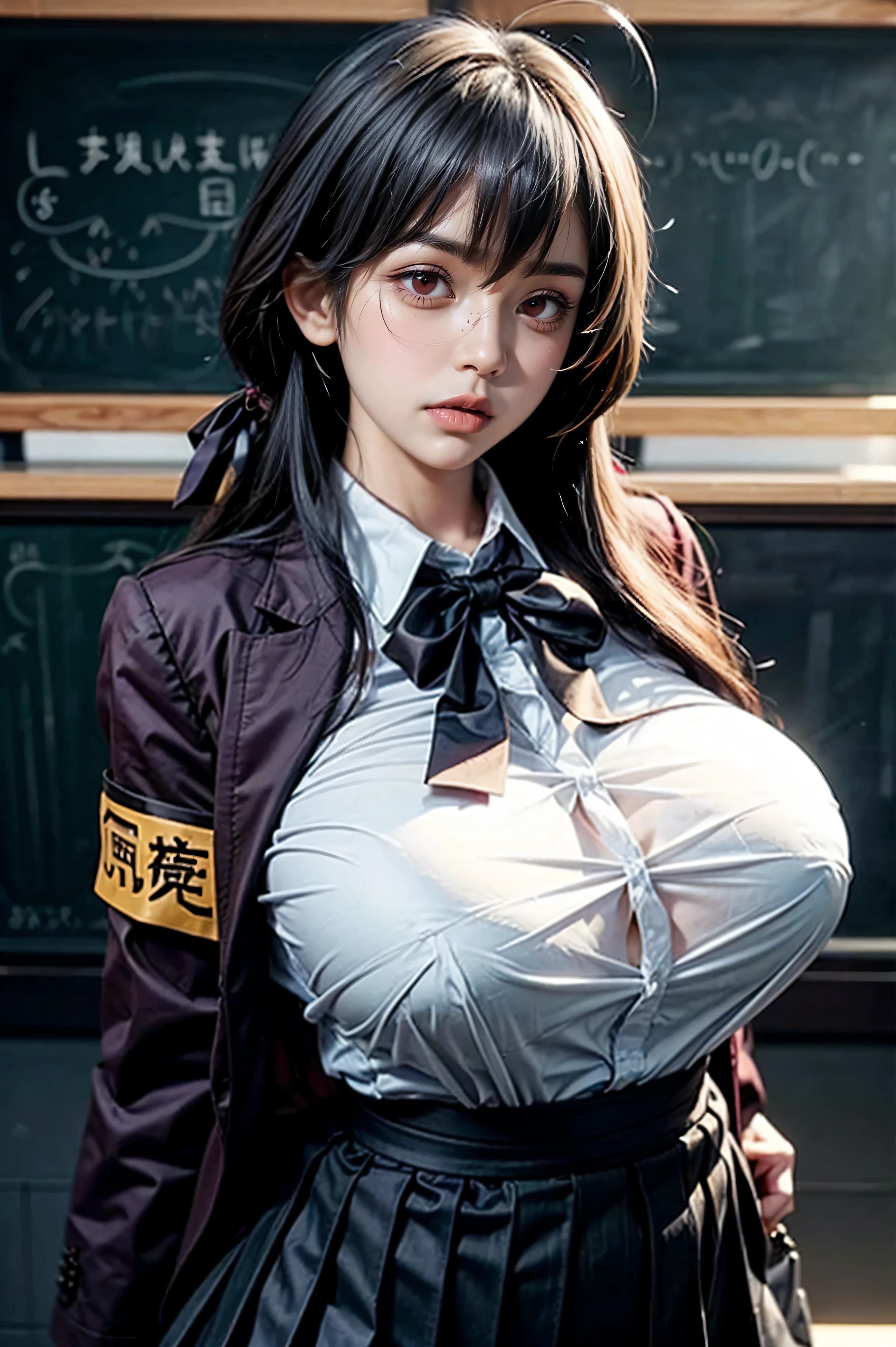 (taihousweet,short skirt ,stockings,school girl uniform,eyeglasses), huge ass, large hips, narrow waist, (gigantic breasts:1.5), depth of field, Hyperrealism, cinematic lighting, pov, UHD