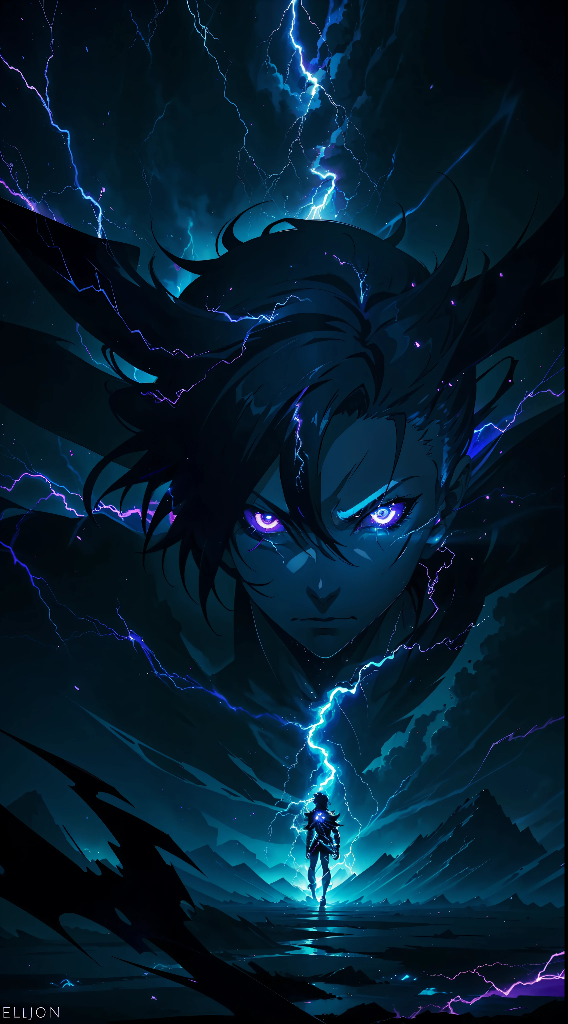 a close-up of a person with a purple and blue background full of lightning, glowing black aura, evil aura, 8k anime, an epic anime of a being with lightning powers, epic anime style, menacing aura, aura of darkness, evolving into his final form, glowing power aura, cosmic power glowing and flourishing, many lightning bolts surrounding the character