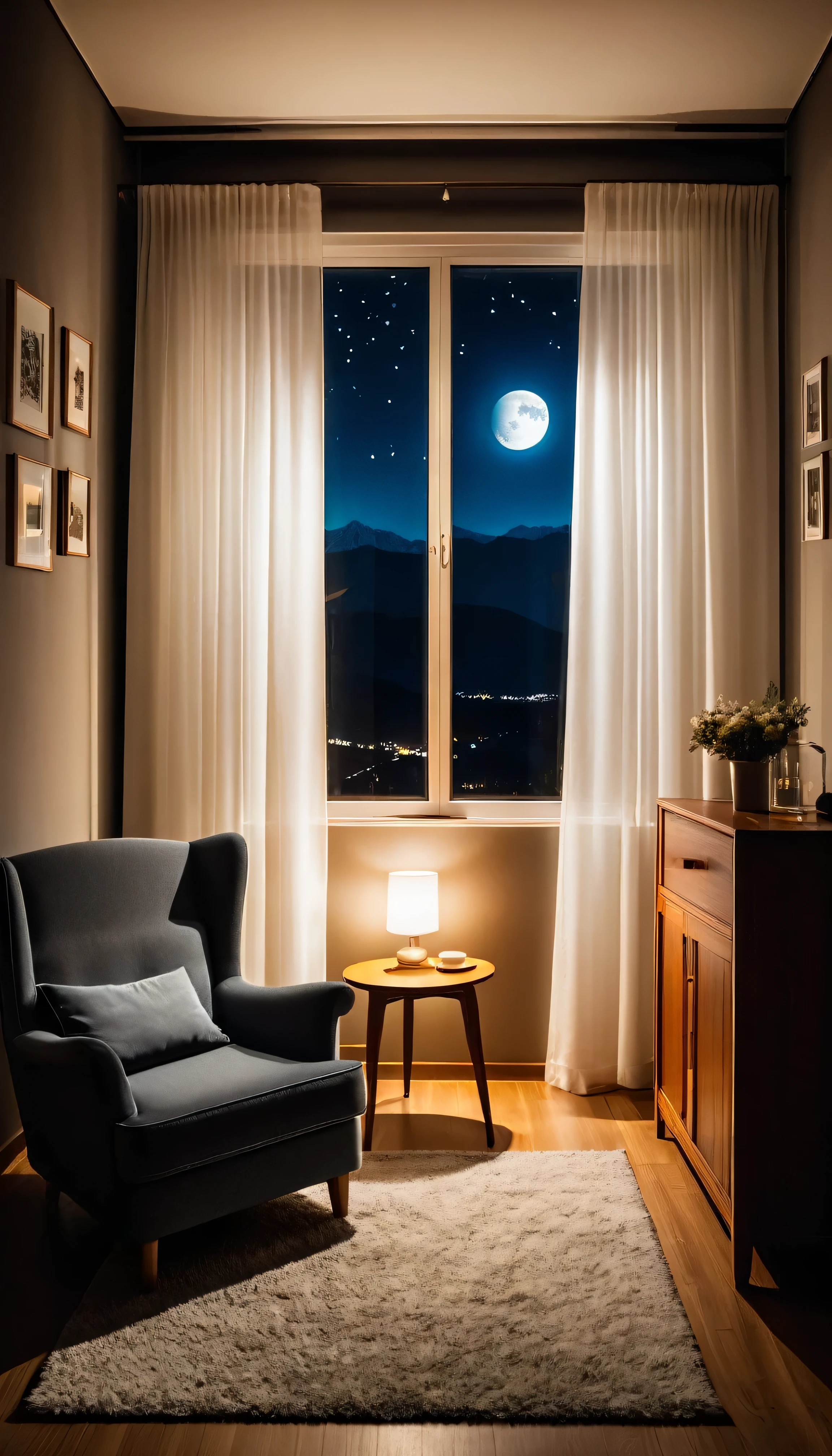 darkroom, night, In Front oF the small hall window,Personal ComFort SoFa Rocking Chair.There is a small night light candle on the table side cabinet. a glass oF boiling water, There is the moon and starry sky outside the window.soFt light and shadow, Stylish and modern, soFt warm light, flowing transparent white curtains.Windows looking at the lights oF distant mountains and towns, Very detailed,tonal texture.Obvious contrast oF light and shadow.High-end and quality.halF-length view , 50mm , F/1.8 , Shutter speed 1/60 , ISO 50 ,Color temperature 4000k, masterpiece.First-person view