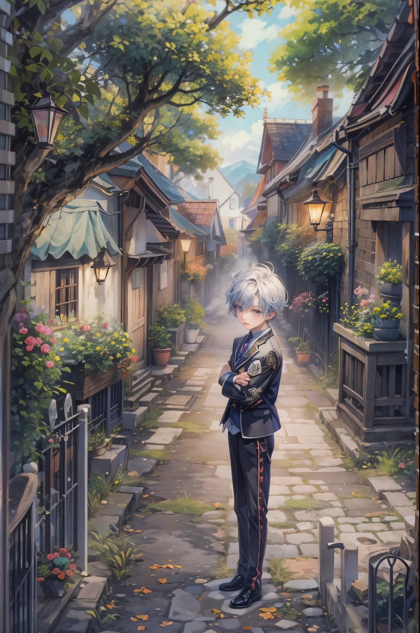 ((Best quality)), ((masterpiece)), (detailed), ((perfect face)), ((halfbody)) Paint a captivating scene featuring a boy male character from Anime Binan Koukou Chikyuu Bouei-bu LOVE with a focus on his emotional connection and the harmonious blend of their unique talents. background is a detailed small town and a spooky cobblestone path through a Victorian Gate