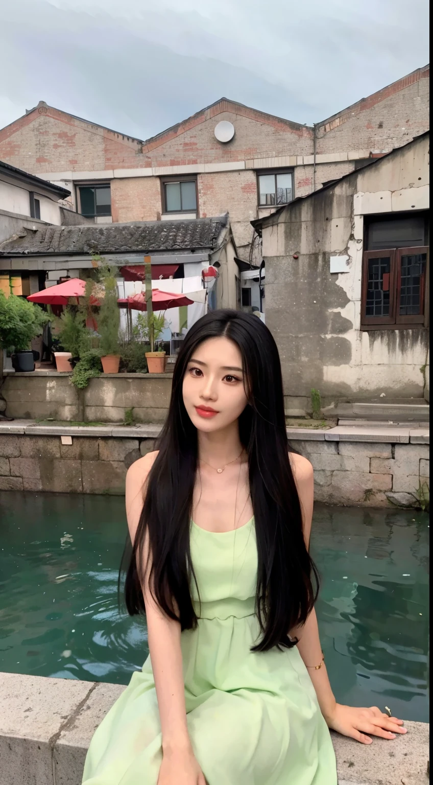 Arape woman sitting on stone shelf near body of water, Asian girl with long hair, long hair, Urzans, Long black hair, Straight black hair, korean girl, Long straight hair in green and black, young asian girl, long hair双眸, Young cute asian face, Chinese girl, Baiji haircut hairstyle