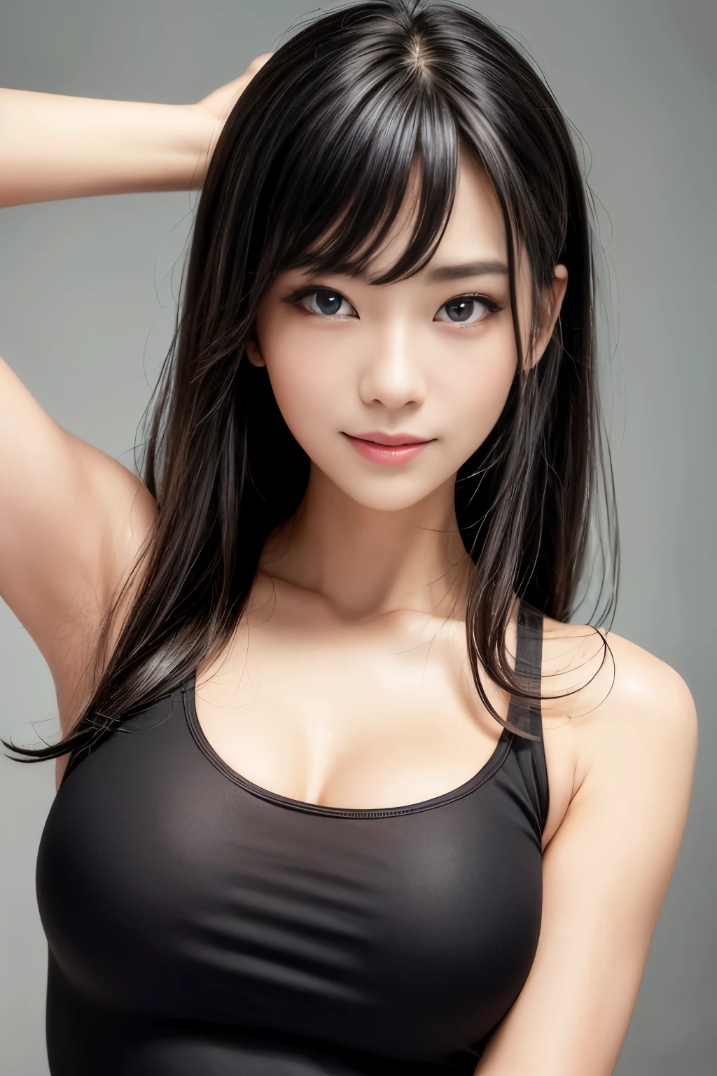 ((highest quality, 8k, masterpiece: 1.3)), Japanese, whole body, focus clear: 1.2, golden ratio body,outstanding style: 1.4, thin abs: 1.2, ((black hair, big breasts: 1.2)), (black tank top), Highly detailed face and skin texture, ultra high resolution, fine eyes,clear eyes, double eyelid, thin eyebrows, sporty, Uplifting, Feeling of running, Refreshing feeling, A full smile, sense of achievement, whole bodyエスビアン,