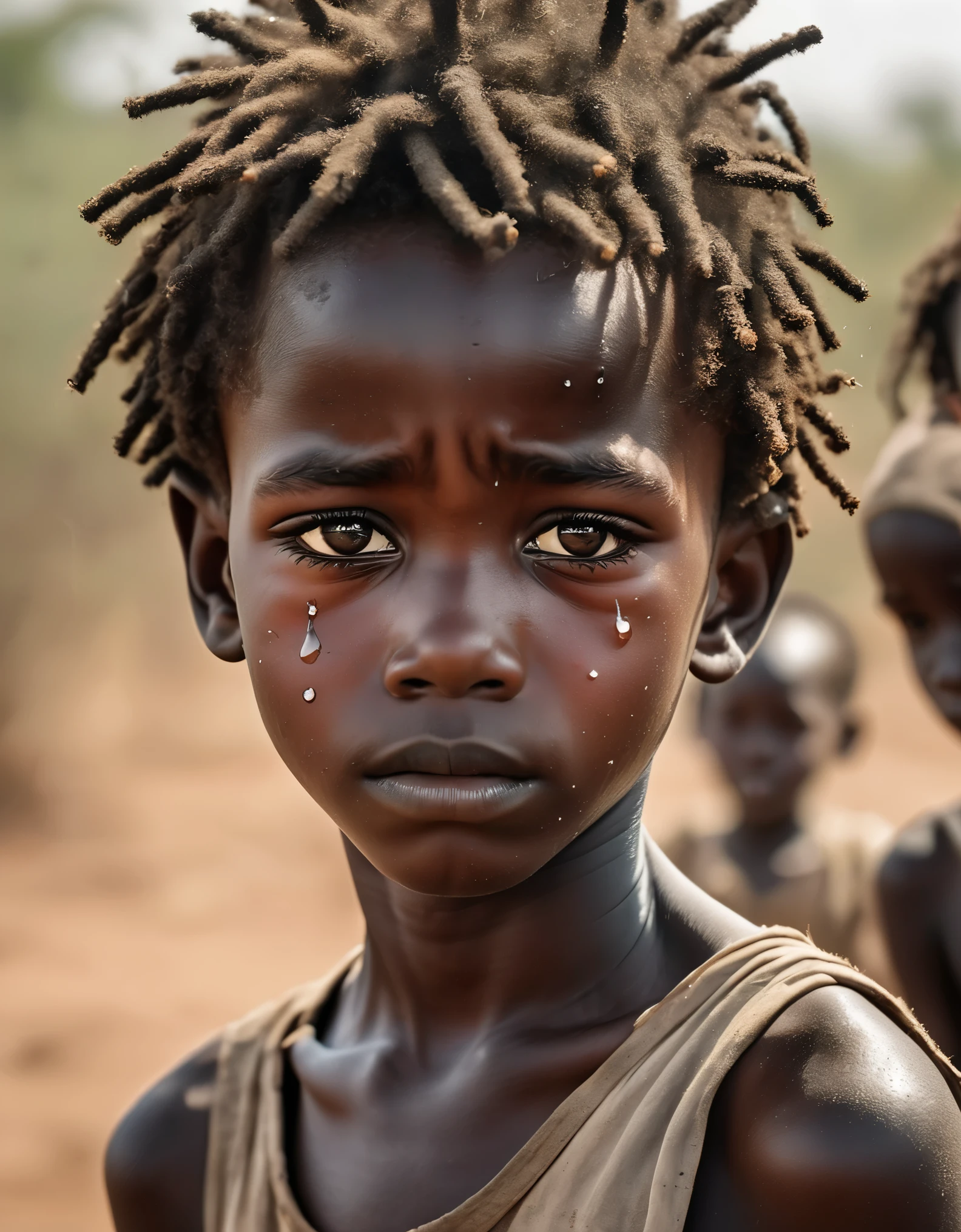 Production: (Best quality, 4k, high-rise, masterpiece: 1.2), (African boy refugee boy with tears streaming down his face: 1.3), crying,, severe malnutrition, protruding ribs, sunken face, eyes full of fear and countless tears, not hanging a single thread, barren land covered with weeds and scattered bones, depicting the most desperate scene on the African continent, Subverted people's cognition in the most straightforward way. In 1993, Sudan was plunged into a terrible crisis by South African photographer Kevin Carter.