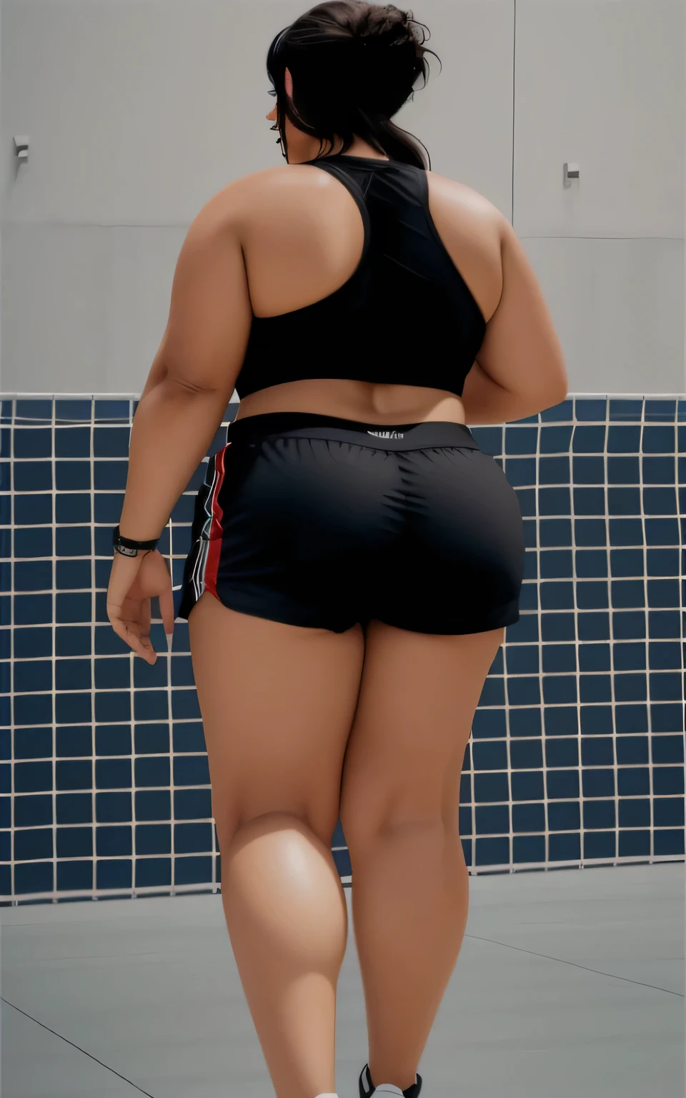 mulher de short preto e blusa preta jogando basquete, shot from behind, long distance shot from behind, Dunk, chute de perna e quadril, chute traseiro centrado no corpo inteiro, chute de quadril e perna, long distance shot from behind, costas arqueadas, Relaxar, sports bra and black shorts, regata e short preto justo, back and standing. adequado. foto de corpo inteiro, foto clara, alta qualidade, high resolution, obra de arte, 8k. blusa preta justa e shorts