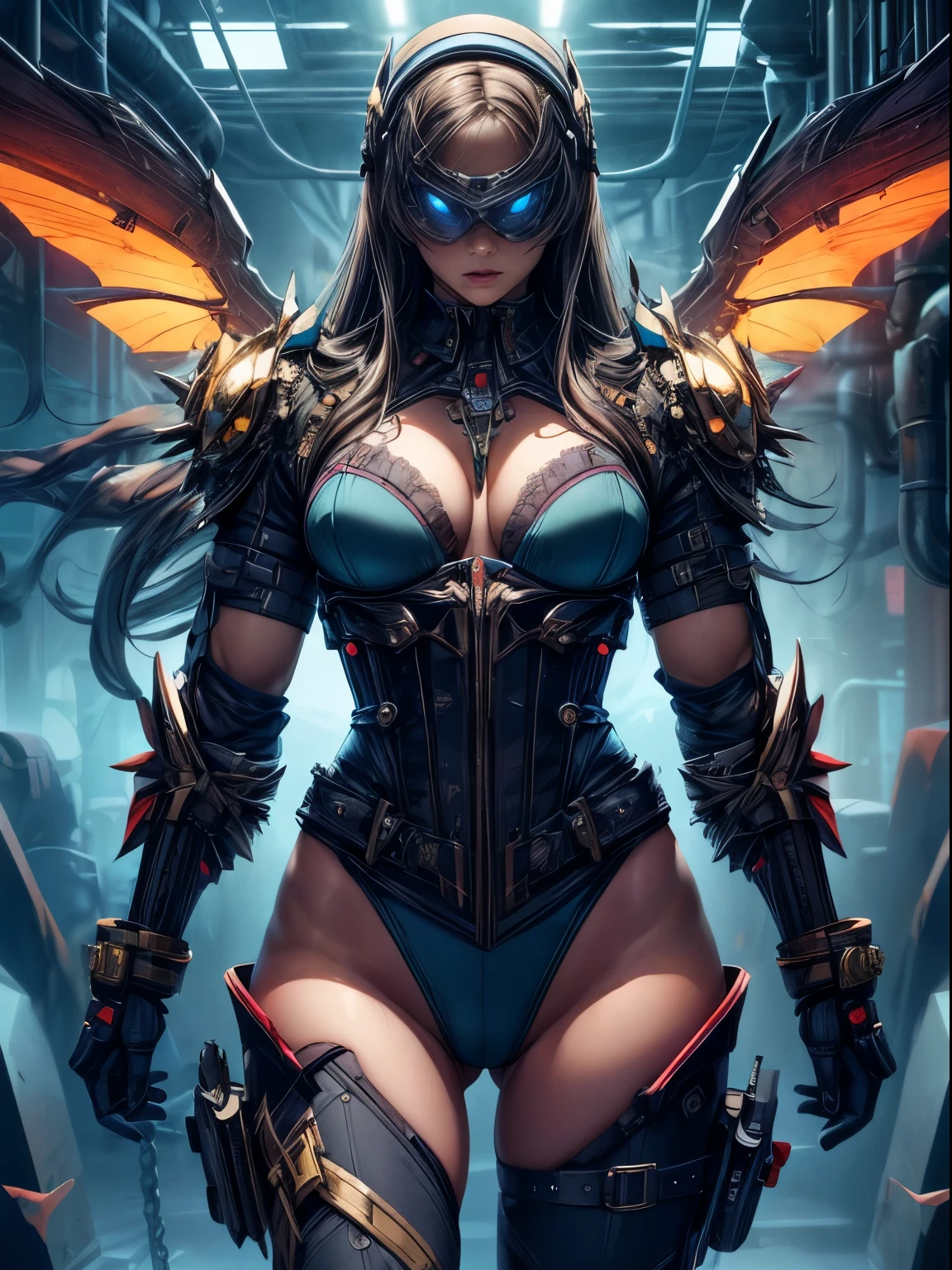 from front, muscular_girl::1.8,steampunk,illustration,mechanical,cyberpunk,brass goggles,leather corset,gear accessories,metallic arm sleeves,dark smoky background,vibrant colors,soft lighting,extraordinary details,best quality,ultra-detailed,contrasting shadows,gritty texture,industrial setting,adventurous posture,exquisite craftsmanship,sharp focus,vivid colors,engineered aesthetics,futuristic technology,high-resoluton masterpiece,mechanical tattoos,anatomical precision,imposing presence,riveting expression,mechanical wings,steam-powered gadgets,meticulous gear mechanism,mechanical exoskeletons