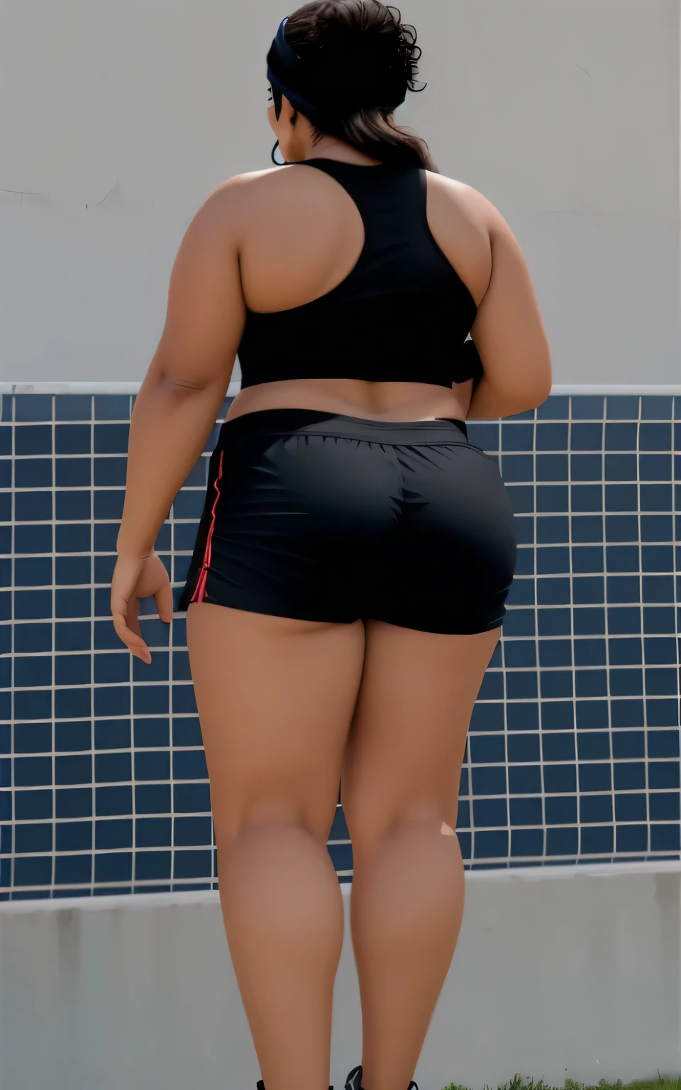 mulher de short preto e blusa preta jogando basquete, shot from behind, long distance shot from behind, Dunk, chute de perna e quadril, chute traseiro centrado no corpo inteiro, chute de quadril e perna, long distance shot from behind, costas arqueadas, Relaxar, sports bra and black shorts, regata e short preto justo, back and standing. adequado. foto de corpo inteiro, foto clara, alta qualidade, high resolution, obra de arte, 8k. blusa preta justa e shorts