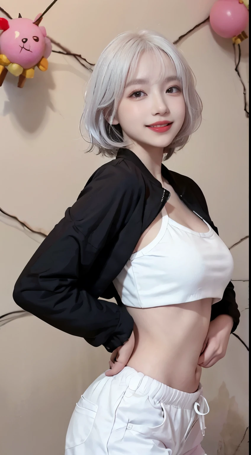 best image quality、Raw photo、超A high resolution、21 year old Korean、small breasts、dynamic angle、cowboy shot、the most beautiful form chaos、elegant、brutalist design、vivid colors、beautiful white hair、short bob、smile、fun、smile、glossy white skin、beautiful eyes with random colors、very thin lips、Beautiful eyes in every detail、elongated eyes、light pink cheek、long eyelashes、beautiful double eyelids、eye shadow、bright white hair、crop top、black down jacket、harem pants、Hand gestures、bright room、Chocolate motif、shot from the side、Full body shot