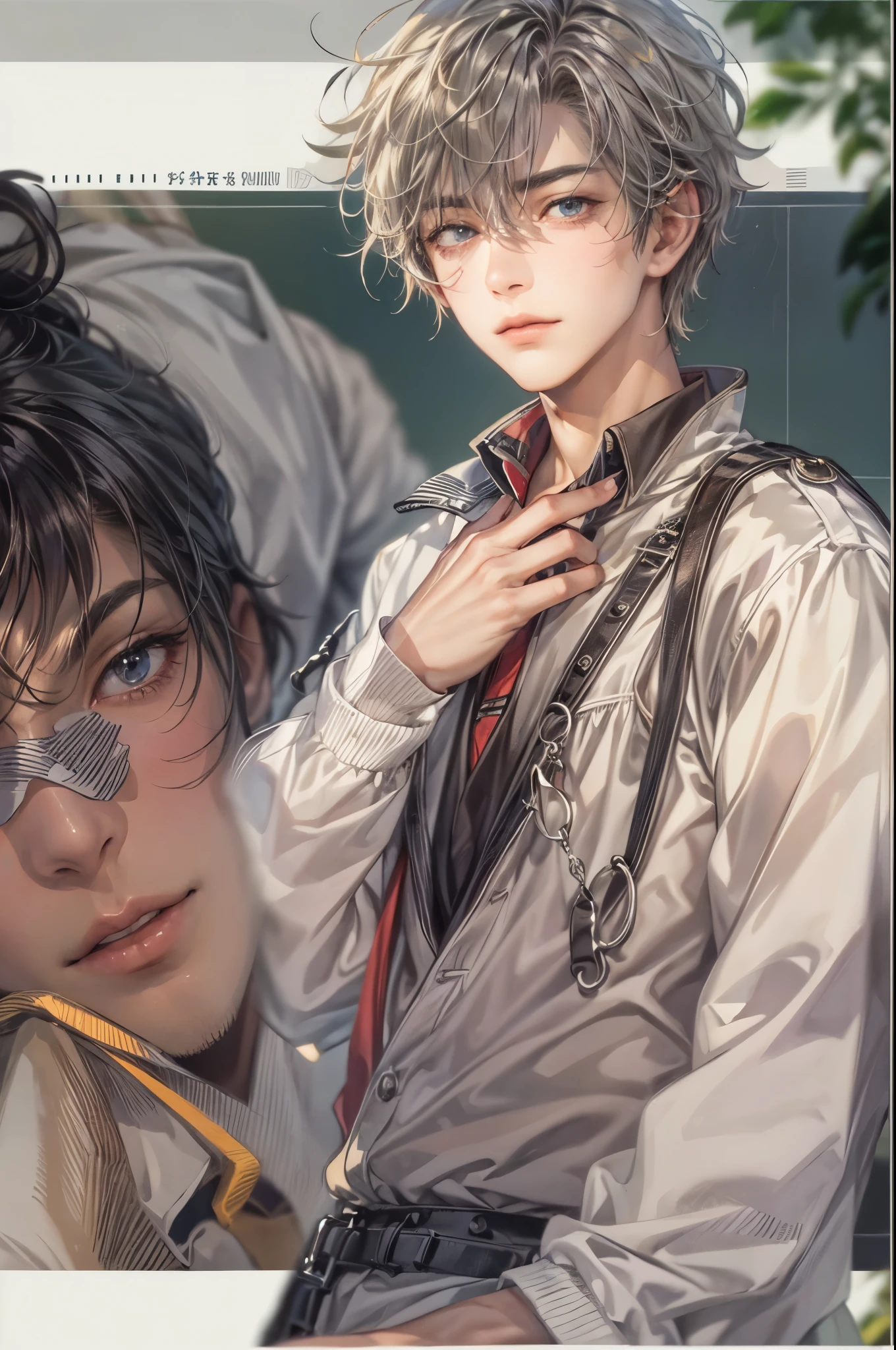 ((Best quality)), ((masterpiece)), (detailed), ((perfect face)), ((halfbody)) a character from Gurimu meisaku gekijō anime anthology in male version, handsome boy with an anime eyes in a detailed scene base on the character in their own story