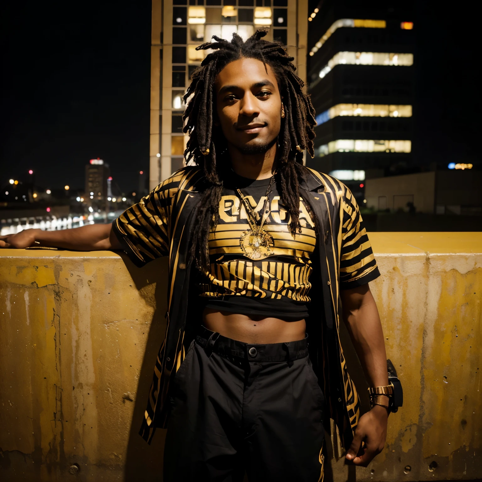 1 brown skin guy, short black dreads, brown eyes, wearing black and gold shirt, black and gold pants with stripes, city, absurdres, high res, ultrasharp, 8K, masterpiece, looking at viewer on the side smiling