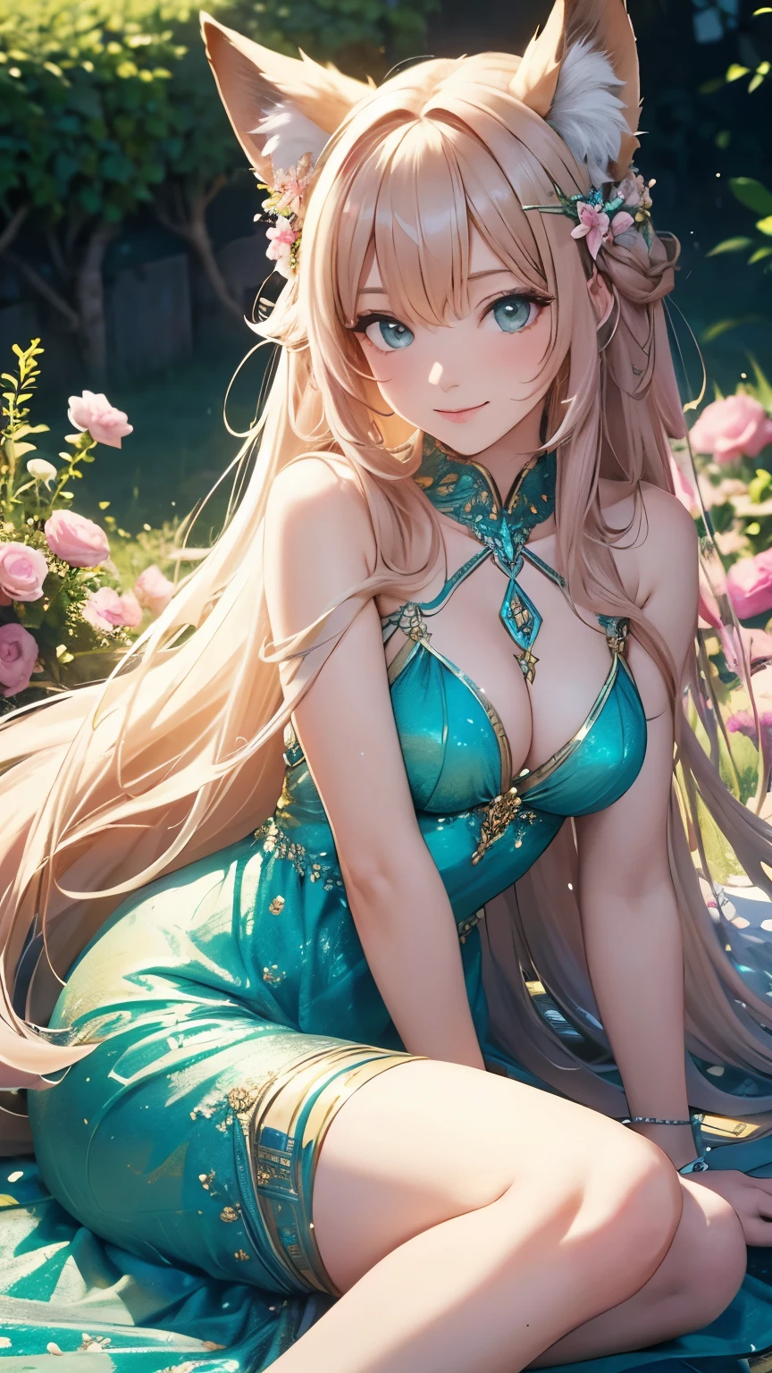 8k, ultra-detailed, high quality, smiling woman who looks like celestial godess, fox tail, fox ears, shiny green eyes, long pink tangled hair, sitting in a garden with a lot of flowers, wearing elegant dress, flowers in the hair, magical