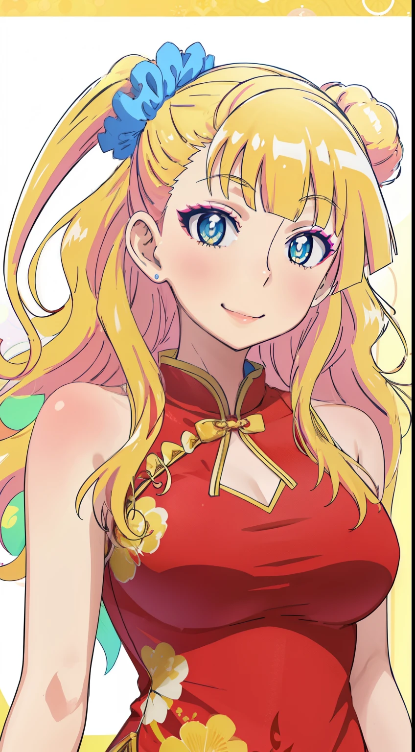 1 girl, galko,Galko,Glamour,smile,makeup,red cheongsam dress,Both shoulders_exposed,natural lip,skin luster,looking at the viewer, in the center of the image,cowboy shot,１with people,
highest quality, High resolution, beautiful eyes, highly detailed face, Detailed CG, Chinese restaurant,