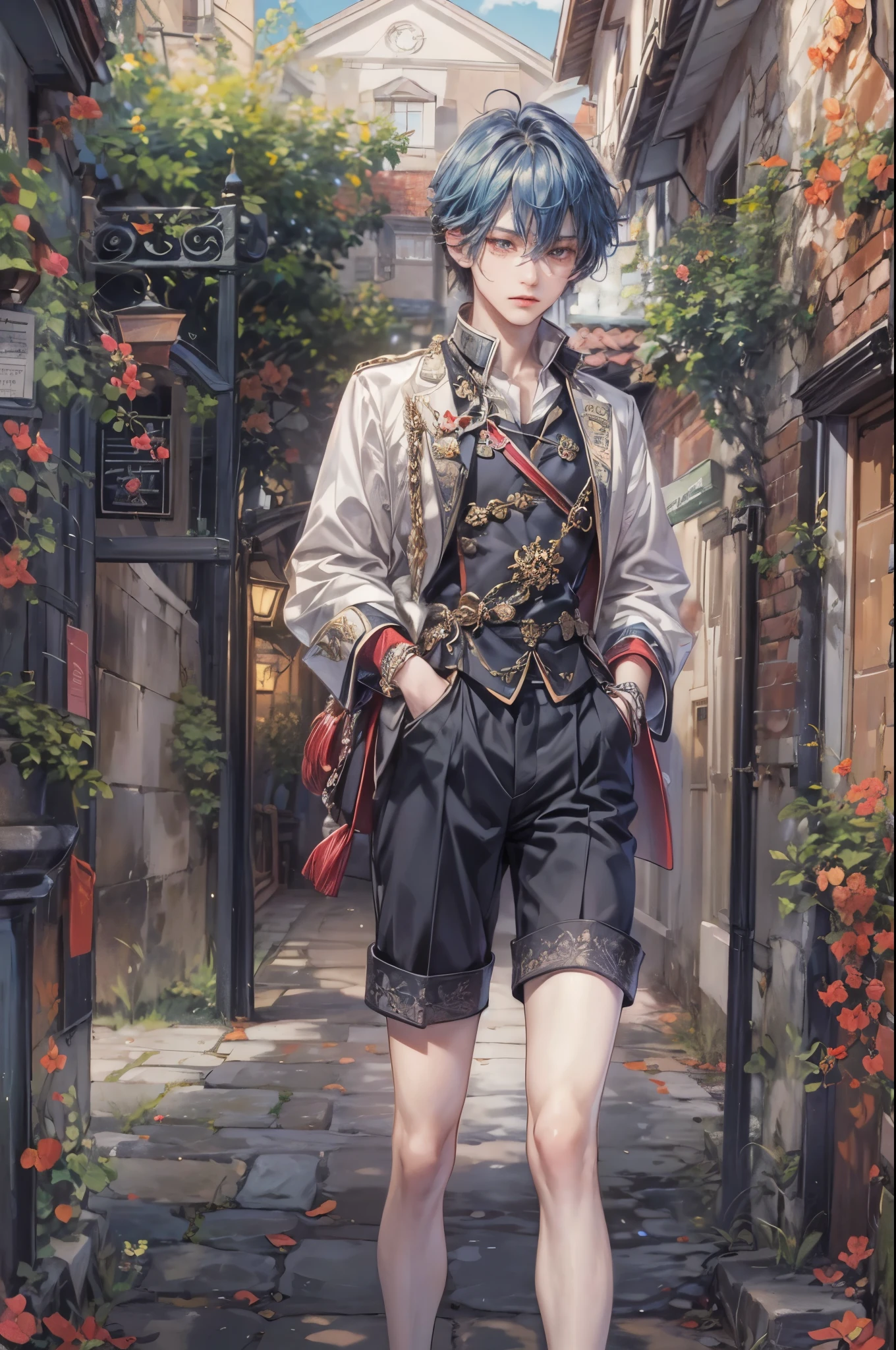 ((Best quality)), ((masterpiece)), (detailed), ((perfect face)), ((halfbody)) Paint a captivating scene featuring a boy male character from Anime Binan Koukou Chikyuu Bouei-bu LOVE with a focus on his emotional connection and the harmonious blend of their unique talents. background is a detailed small town and a spooky cobblestone path through a Victorian Gate