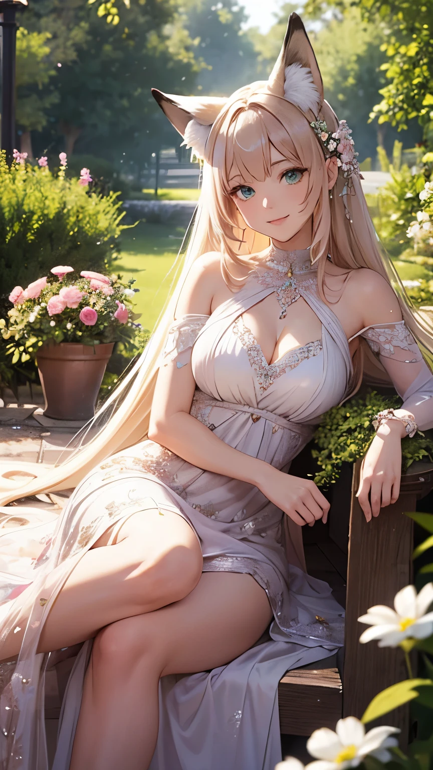 8k, ultra-detailed, high quality, smiling woman who looks like celestial godess, fox tail, fox ears, shiny green eyes, long pink tangled hair, sitting in a garden with a lot of flowers, wearing elegant dress, flowers in the hair, magical