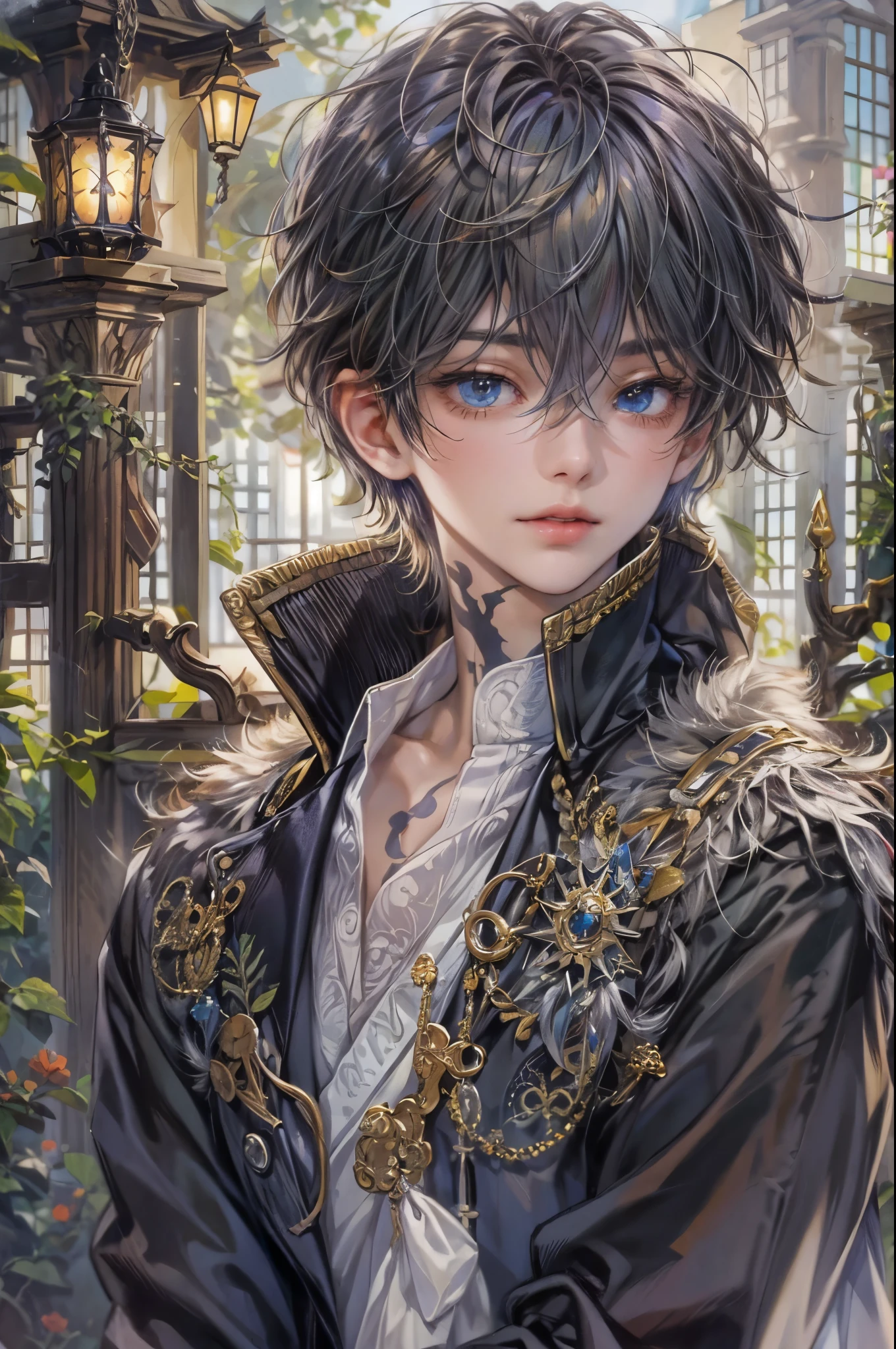 ((Best quality)), ((masterpiece)), (detailed), ((perfect face)), ((halfbody)) Paint a captivating scene featuring a boy male character from Anime Binan Koukou Chikyuu Bouei-bu LOVE with a focus on his emotional connection and the harmonious blend of their unique talents. background is a detailed small town and a spooky cobblestone path through a Victorian Gate