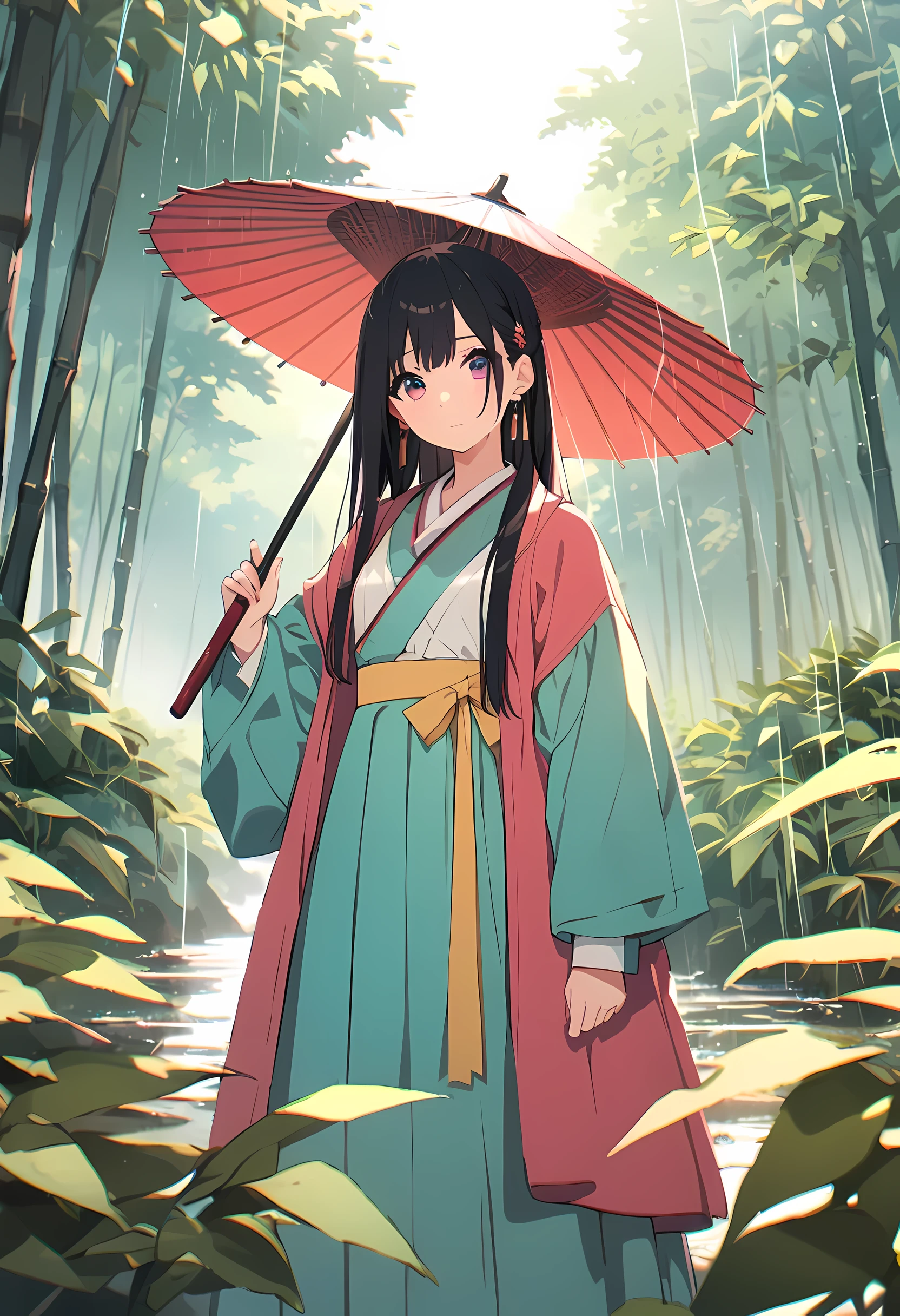 masterpiece, Extremely detailed CG unified 8K wallpaper, 1 girl, Fair, actual, vague, vaguered background, vaguered foreground, bamboo forest, depth of field, earrings, jewelry, nose, actual, alone, hanfu, Holding an Orly paper umbrella, rain