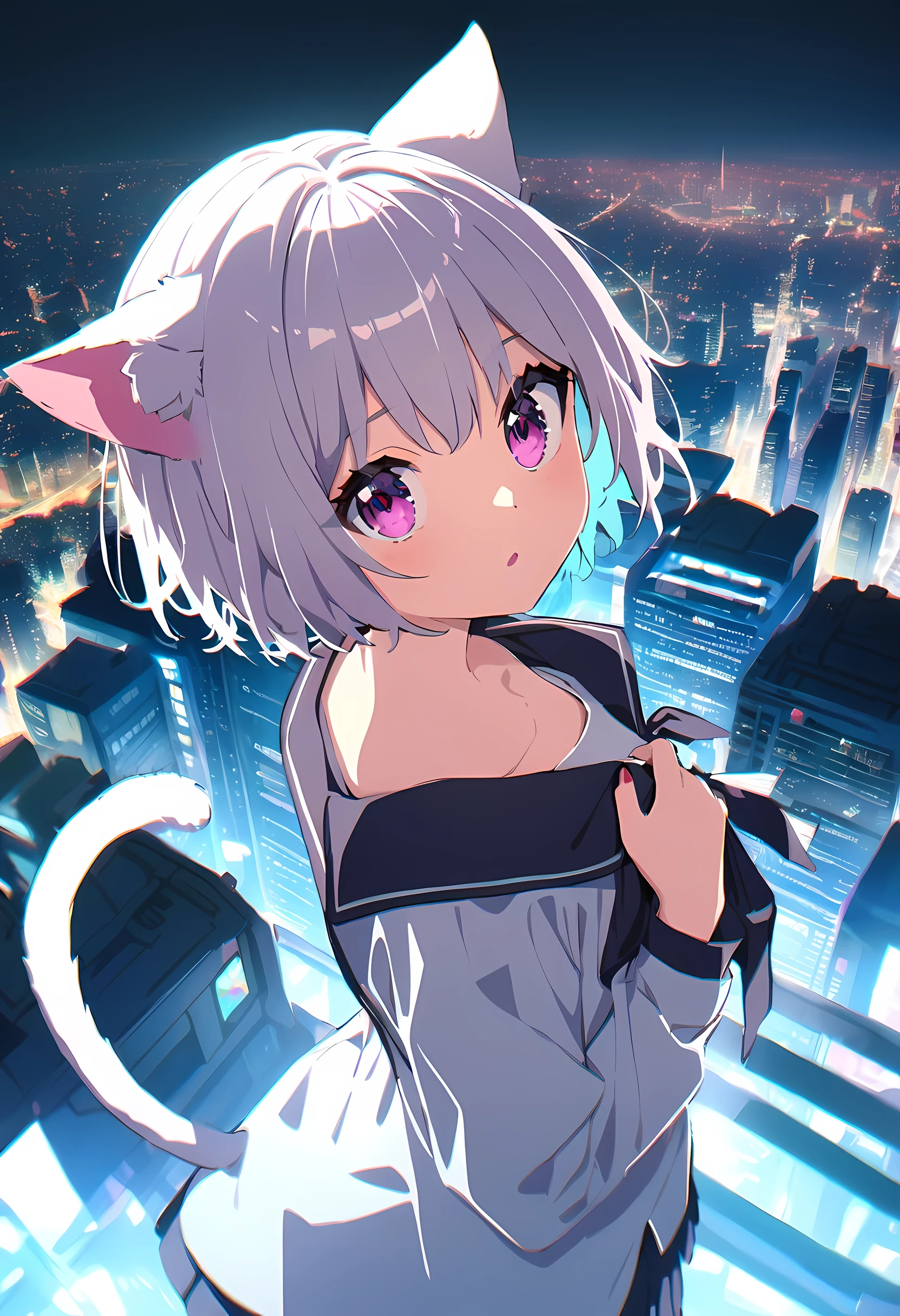 1 girl, this will be, looking at the audience, white hair, there is nothing, cat ears, cat tail, White shirt, open your clothes, City, Babaizi