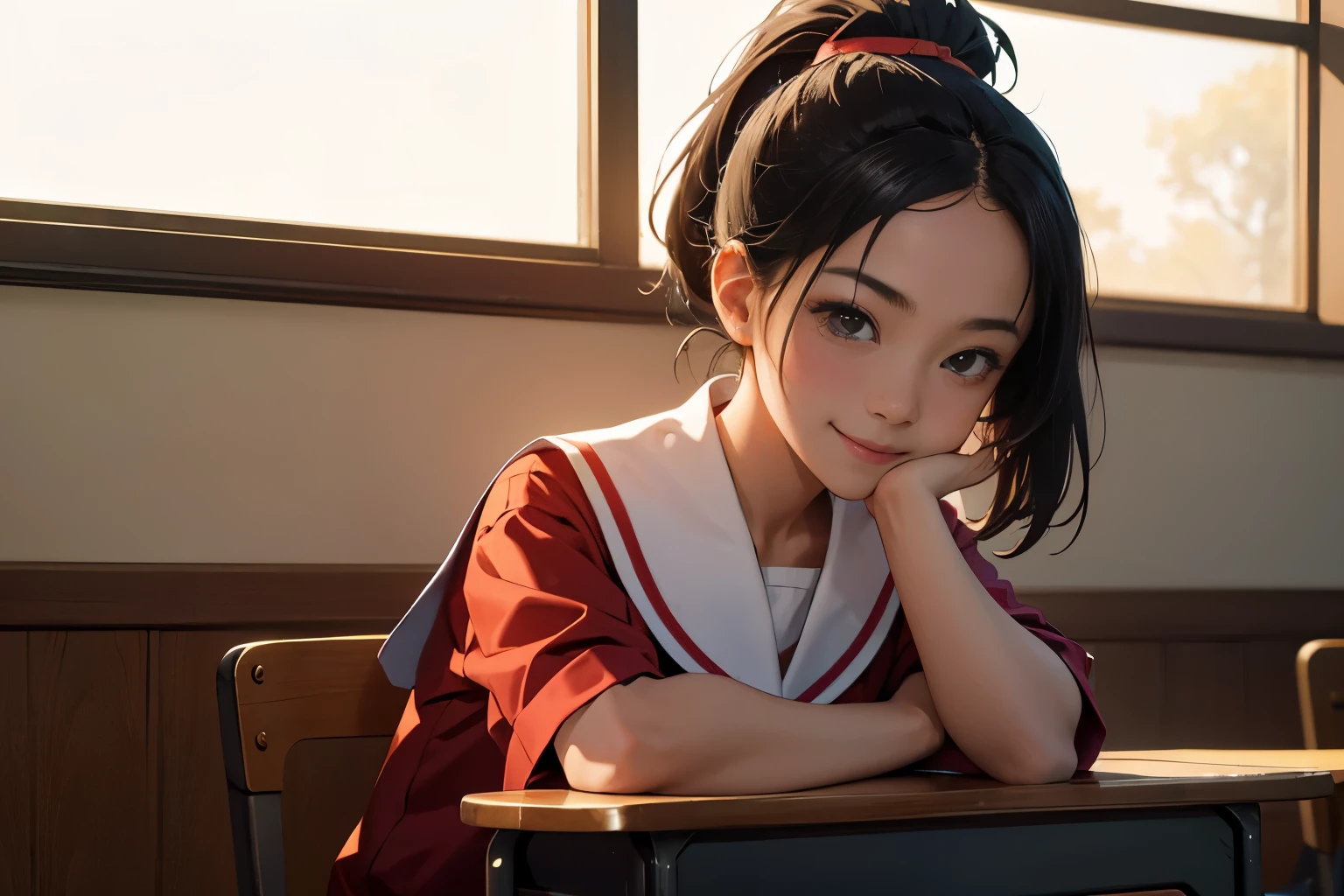 a girl, young, Chinese school uniform, sitting position, classroom, spring, Warm colors, ponytail, smile, Romanticism, Luminism, cinematic lighting, chiaroscuro, Fujicolor, from outside, Fujifilm, UHD, masterpiece, ccurate, textured skin, super detail, high details, high quality, best quality, highres