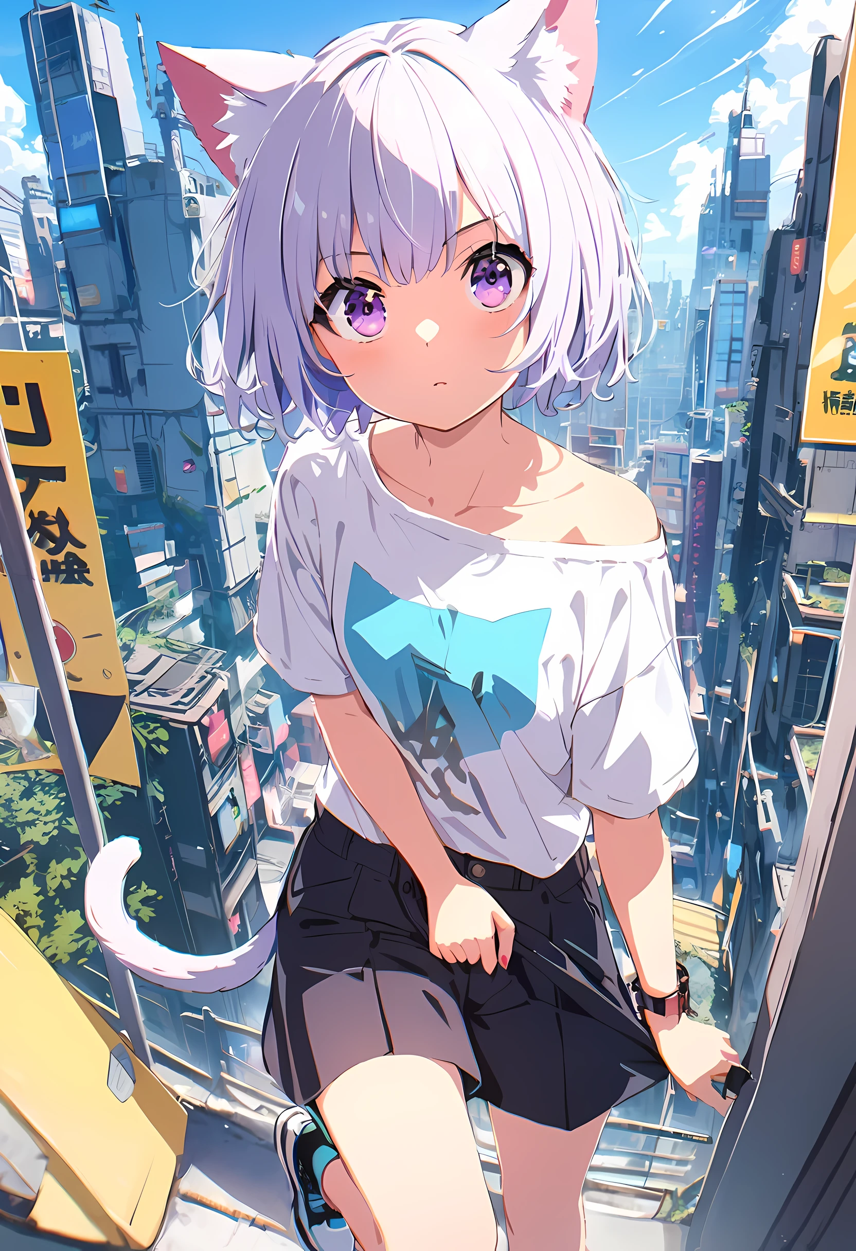1 girl, this will be, looking at the audience, white hair, there is nothing, cat ears, cat tail, White shirt, open your clothes, City, Babaizi