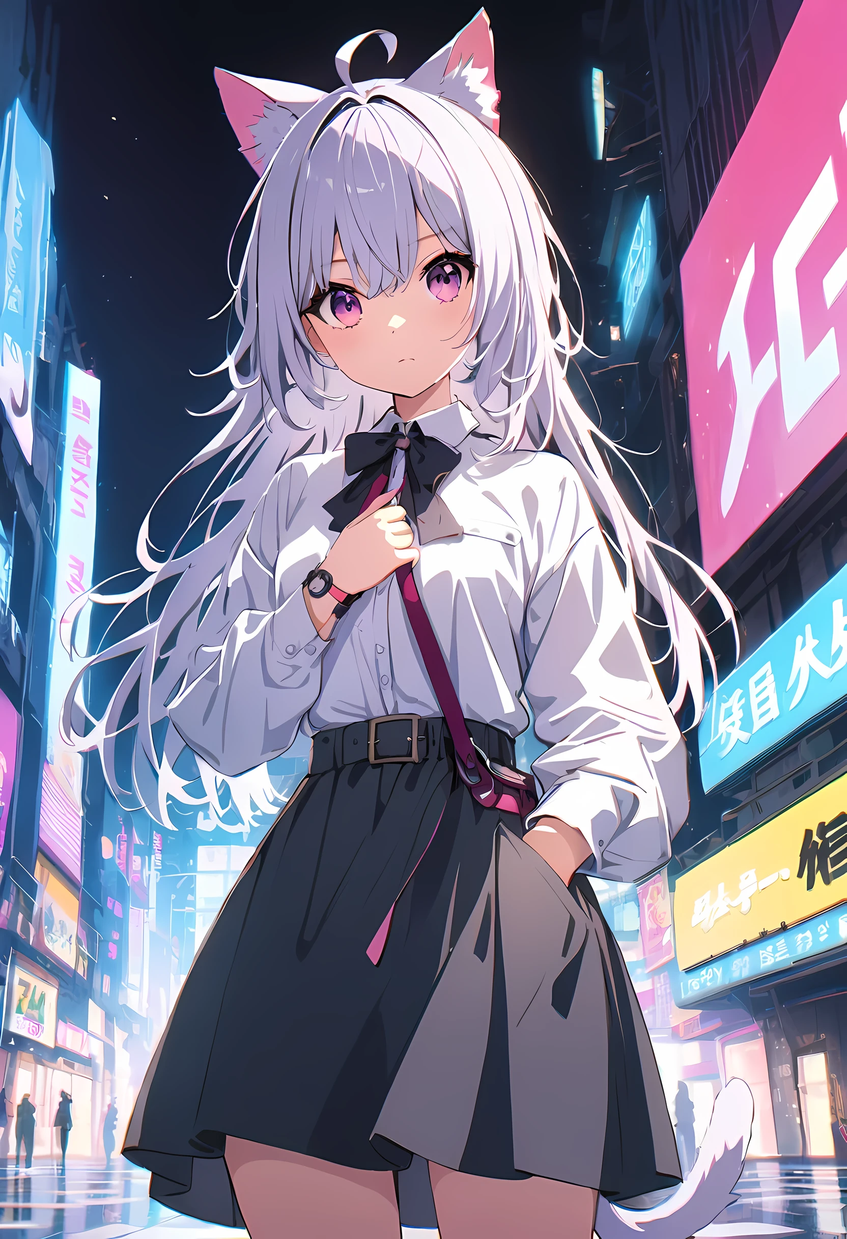 1 girl, this will be, looking at the audience, white hair, there is nothing, cat ears, cat tail, White shirt, open your clothes, City, Babaizi
