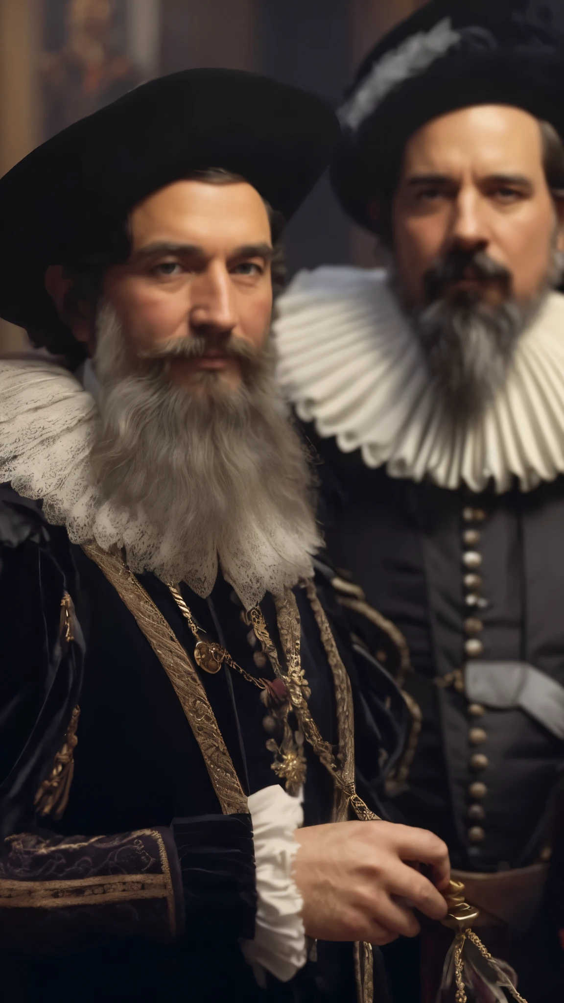 In this image, two men dressed in old-fashioned regal attire are standing side by side. They have long beards and are wearing black and white ruffled collars, along with black hats. The man on the left is holding a gold chain with a white medallion. The background is dark, and there is a clock in the middle of the scene.