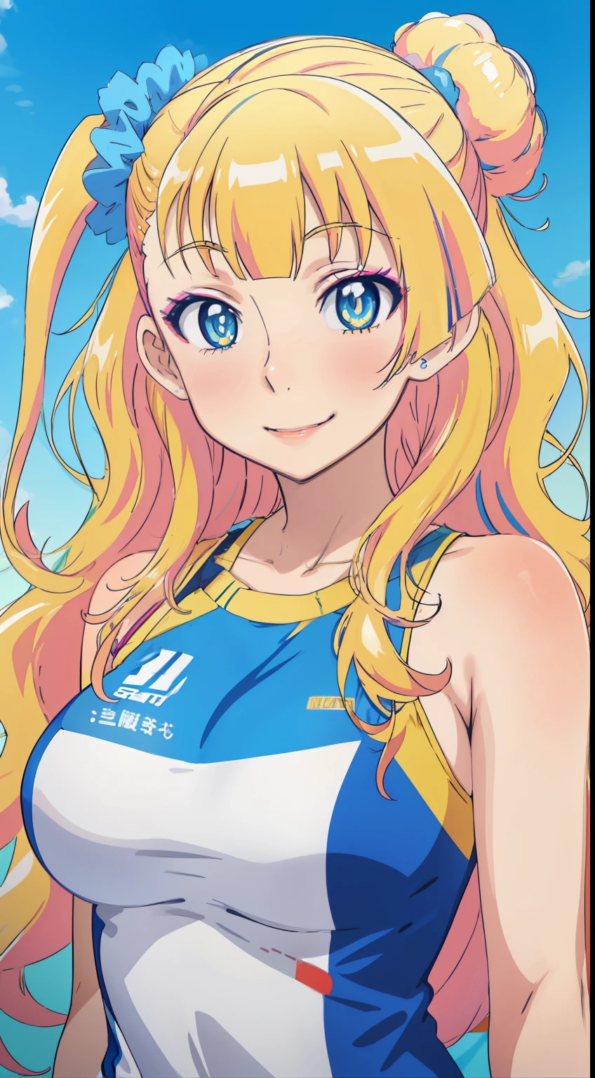 1 girl,anime, galko,Galko,big breasts,smile,makeup,athlete wear,Both shoulders_exposed,natural lip,skin luster,looking at the viewer, in the center of the image,cowboy shot,１with people,
highest quality, High resolution, beautiful eyes, highly detailed face, Detailed CG,