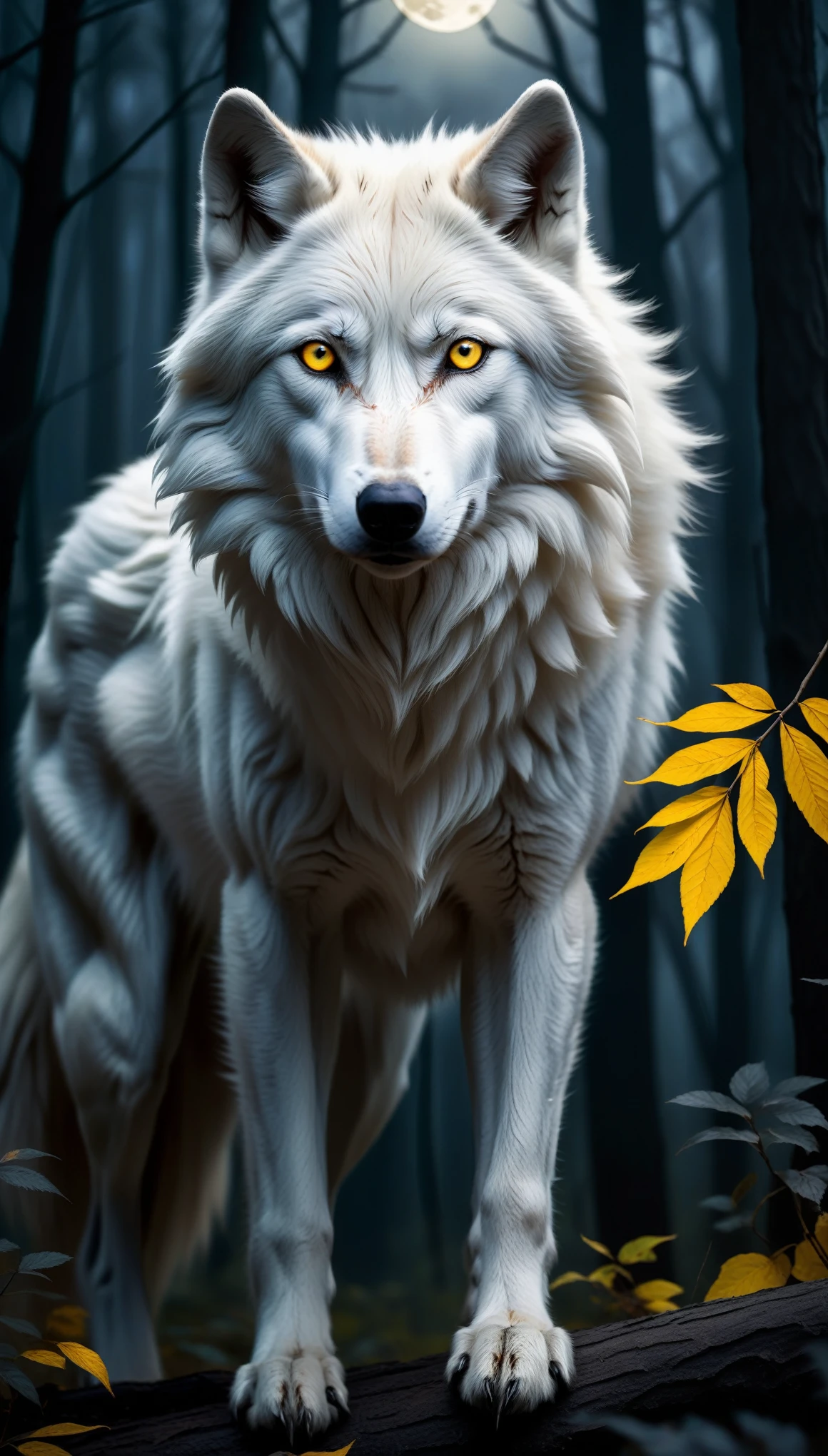 white wolf with yellow eyes in the forest,realistic,highres,ultra-detailed,wildlife,night scene,moonlit,ominous shadows,dense foliage,quiet ambiance,majestic creature,poised,alert,sharp-pointed ears,fierce gaze,powerful presence,untamed beauty,ominous,striking contrast,fearsome predator,graceful and stealthy movements,dark and mysterious habitat,howl in the distance,black fur glimmering under moonlight,pristine and untouched environment,mystical atmosphere,vivid colors,whisper of the wind,rustling leaves,slender and muscular frame
