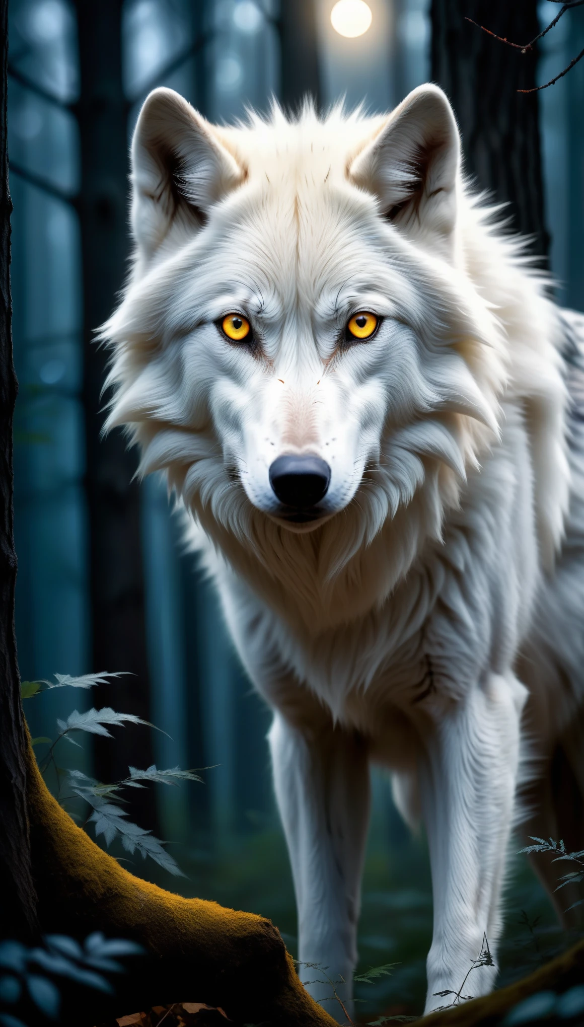 white wolf with yellow eyes in the forest,realistic,highres,ultra-detailed,wildlife,night scene,moonlit,ominous shadows,dense foliage,quiet ambiance,majestic creature,poised,alert,sharp-pointed ears,fierce gaze,powerful presence,untamed beauty,ominous,striking contrast,fearsome predator,graceful and stealthy movements,dark and mysterious habitat,howl in the distance,black fur glimmering under moonlight,pristine and untouched environment,mystical atmosphere,vivid colors,whisper of the wind,rustling leaves,slender and muscular frame