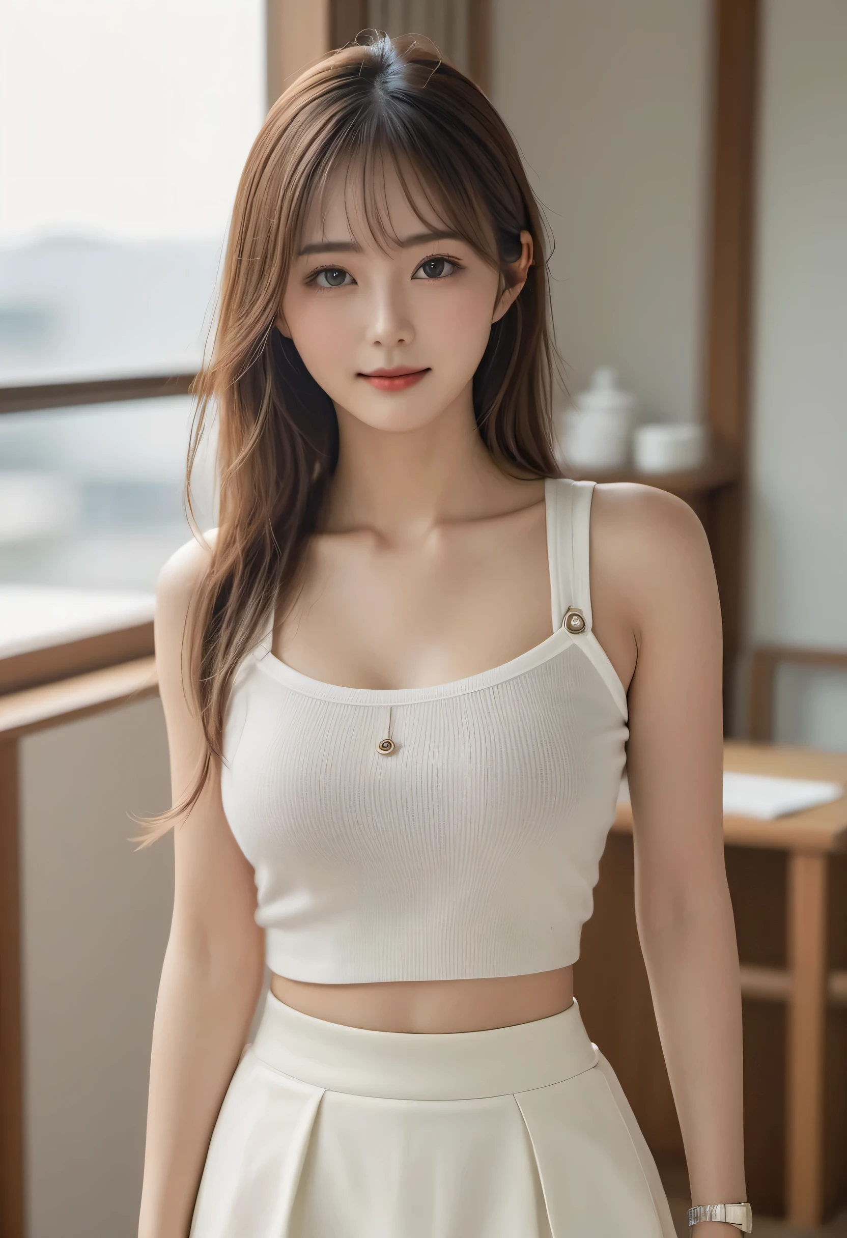 highest quality, realistic, Super detailed, finely, High resolution, 8k wallpaper, 1 beautiful woman,, light brown messy hair, wearing a tank top, sharp focus, perfect dynamic composition, finelyて美しい目, thin hair, Detailed and realistic skin texture, smile, model body shape、((highest quality、8K、masterpiece:1.3))Realistic Japanese woman wearing a tank top、Wear tight skirts、tight waist、navel piercing、 narrow eyes、single eyelid、small eyes、thin eyebrows、droopy eyes、30 year old female、low nose、thin lips、Dimples、、no makeup