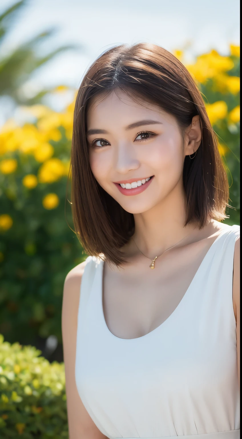 ((best quality,8K,masterpiece:1.3)), 1 girl, Smile, Full body female love, face slimming, beautiful woman, (Dark brown hair), straight dress :1.1, Very rich facial details, delicate eyes, double eyelids, blurred background, face slimming, Chis,flowers,Beach coast