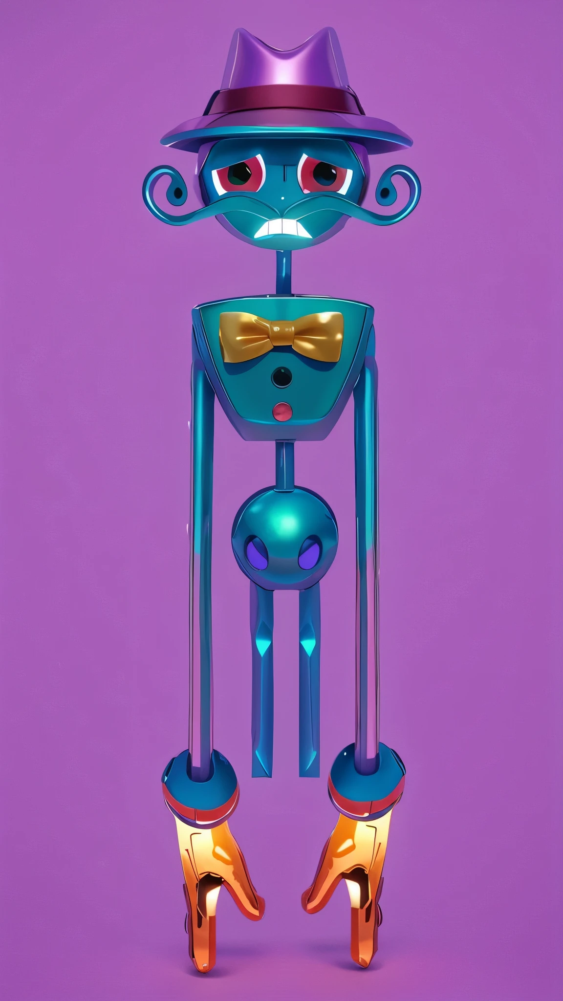 cartoon robot wearing a hat and bow tie, standing on purple background, Tintoy robot with character design, beautiful robot character design, toy design, 2D illustration, 2 d illustration, anthropomorphic робот [ thing ], iconic character with high detail, cartoon key frame rendering, Sleek Robot, humanoid character, 3D rendering, Art toy, Стиль C 4 D, stylized character,  Stylized 3D, animated character, anthropomorphic [ thing ] glossy glossy texture, smooth 3d model, multiple light sources, rim light, sharp post effects render, (glossy texture with multiple big light probe refractions), perfect cgi, cgi art created only with gradients, smooth silhouette, high intensity refraction, (super glossy material), most beautiful vfx