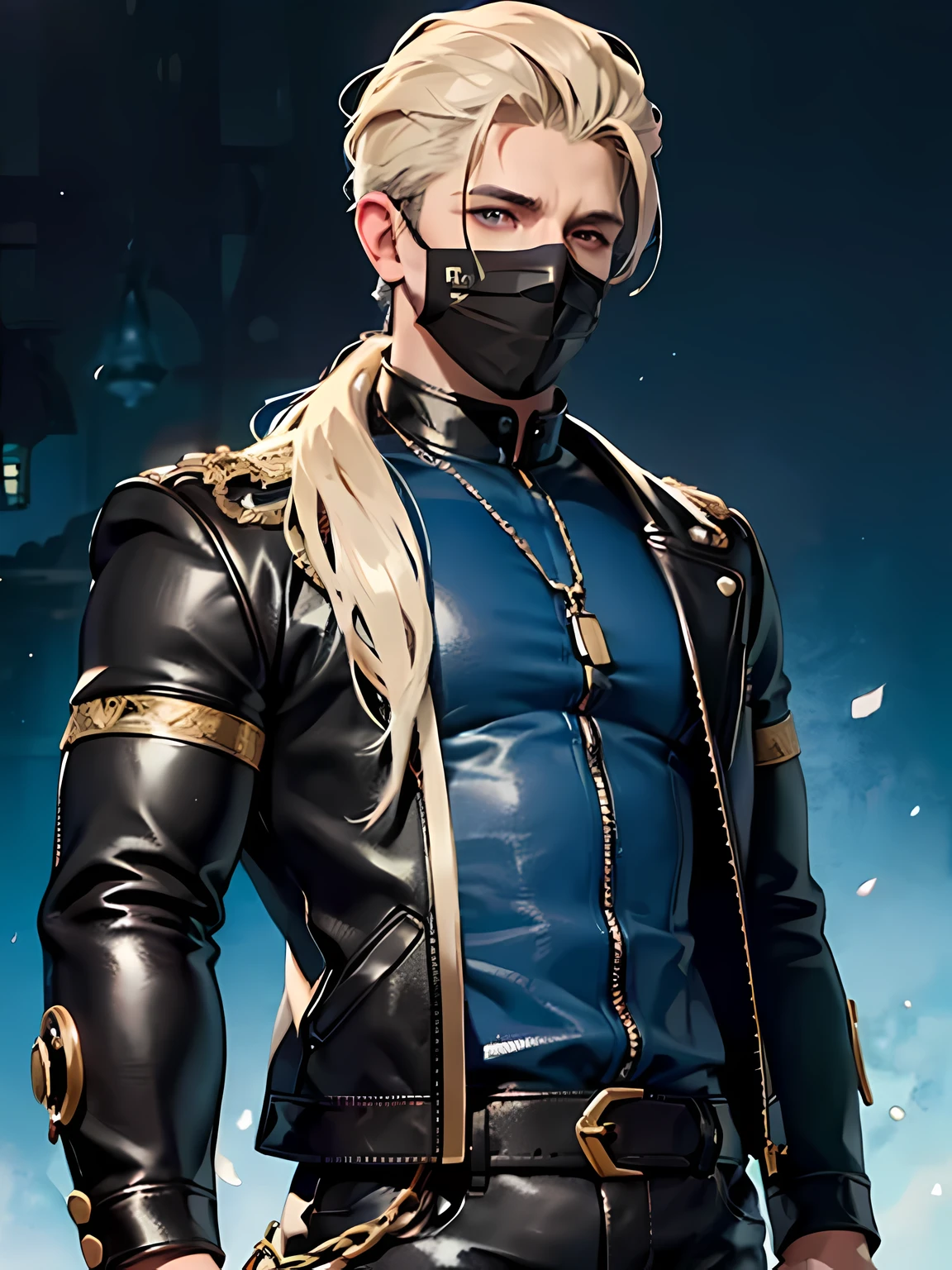 (Best quality,4K,8 k,A high resolution,masterpiece:1.2),Ultra detailed,(realistic,photorealistic,photo-realistic:1.37),1 mann, Anime style, tattooed arms,black leather jacket,long light hair,Blue eyes,broad-brim,chains,man,48 years old, oil painting,Rugged style,dark background,studio lighting,bright colors,detailed face,sharp focus,physically based rendering,complex parts,sense of pretentiousness, black face mask